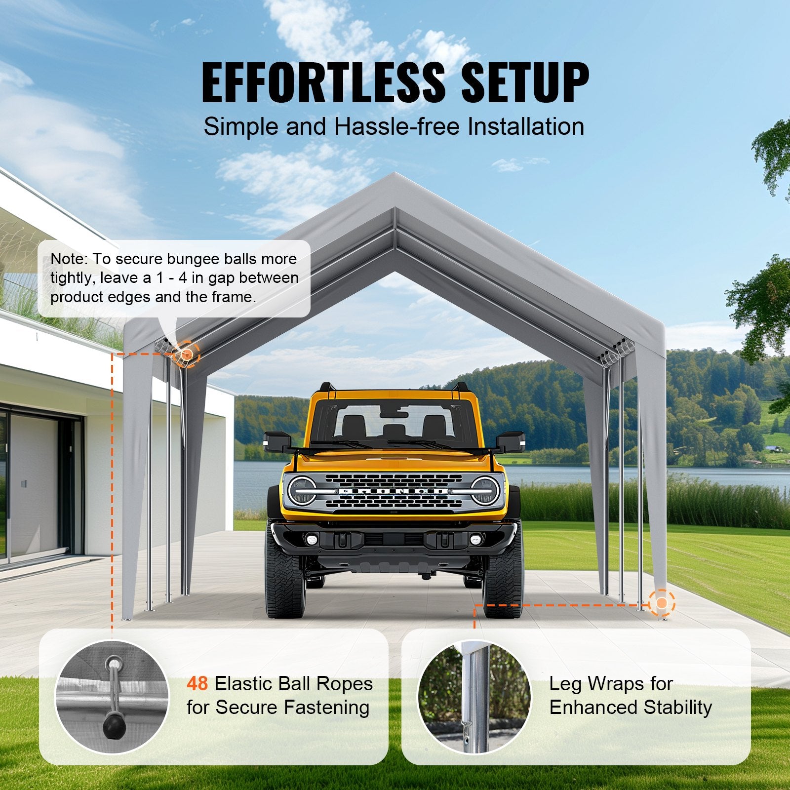 Carport Replacement Canopy Cover 12 x 20 ft, Garage Top Tent Shelter Tarp Heavy-Duty Waterproof & UV Protected, Easy Installation with Ball Bungees,Grey (Only Top Cover, Frame Not Include)