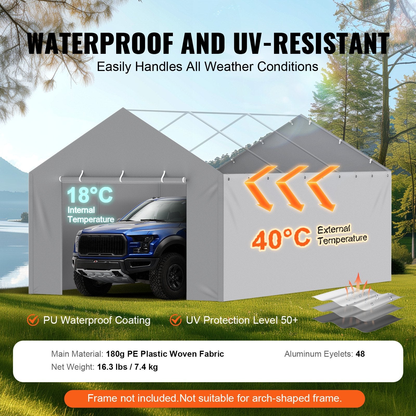 Canopies & Gazebos: VEVOR Carport Replacement Canopy Cover Side Wall 6 x 3.6 m, Garage Tent Shelter Tarp Heavy-Duty Waterproof & UV Protected, Easy Installation with Ball Bungees,Grey (Top and Frame Not Included)