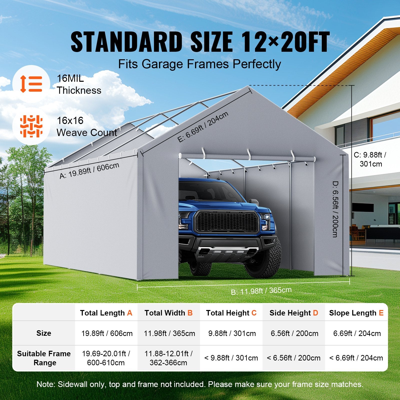 Canopies & Gazebos: VEVOR Carport Replacement Canopy Cover Side Wall 6 x 3.6 m, Garage Tent Shelter Tarp Heavy-Duty Waterproof & UV Protected, Easy Installation with Ball Bungees,Grey (Top and Frame Not Included)