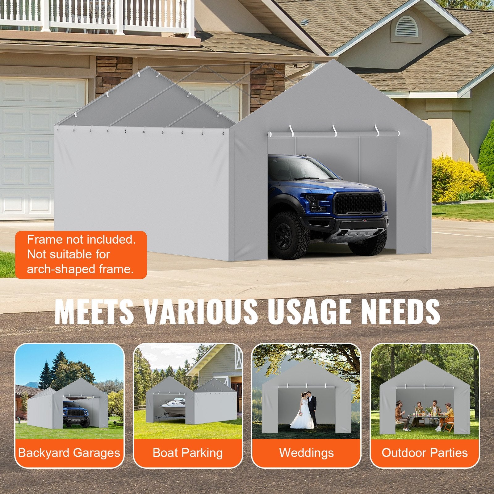 Canopies & Gazebos: VEVOR Carport Replacement Canopy Cover Side Wall 6 x 3.6 m, Garage Tent Shelter Tarp Heavy-Duty Waterproof & UV Protected, Easy Installation with Ball Bungees,Grey (Top and Frame Not Included)