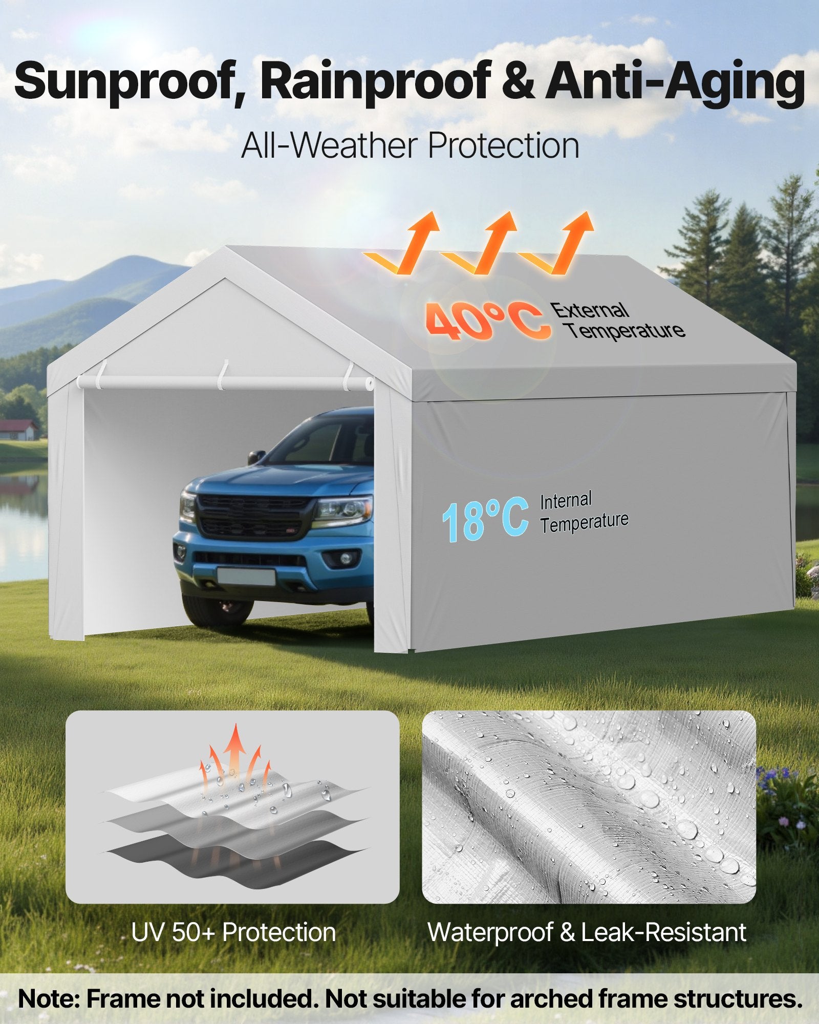 Canopies & Gazebos: VEVOR Carport Replacement Canopy, 6x 3.6 m Potable Garage Tent Top Tarp with Sidewalls, UV-Resistant & Waterproof, Heavy Duty Car Shelter Tarp with Ball Buggees, Grey, Frame Not Included