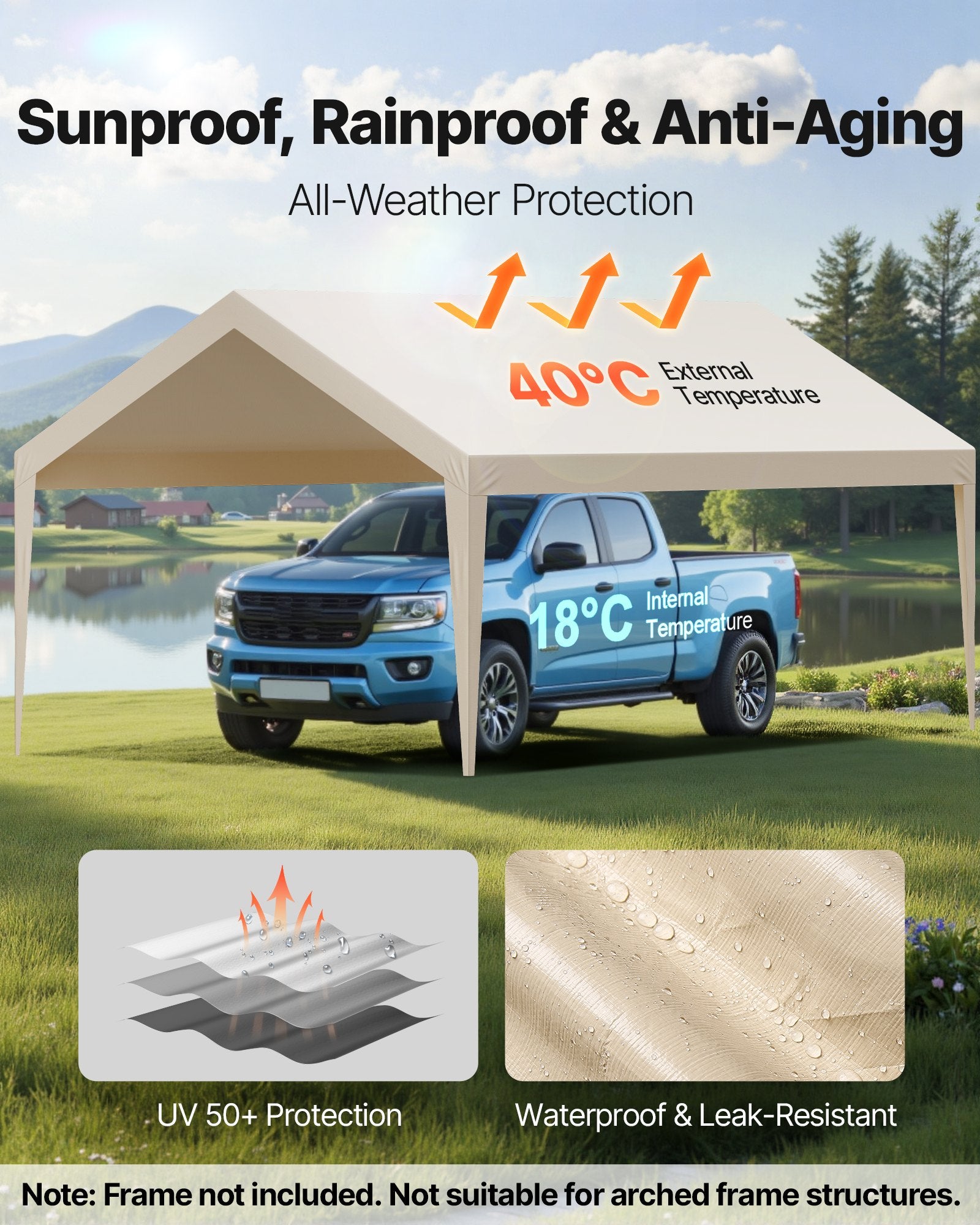 Canopies & Gazebos: VEVOR Carport Replacement Canopy, 6 x 3.6 m Potable Garage Tent Top Tarp, UV-Resistant & Waterproof Car Shelter Tarp, Heavy Duty Car Port Cover with Ball Buggees, Beige, Frame Not Included