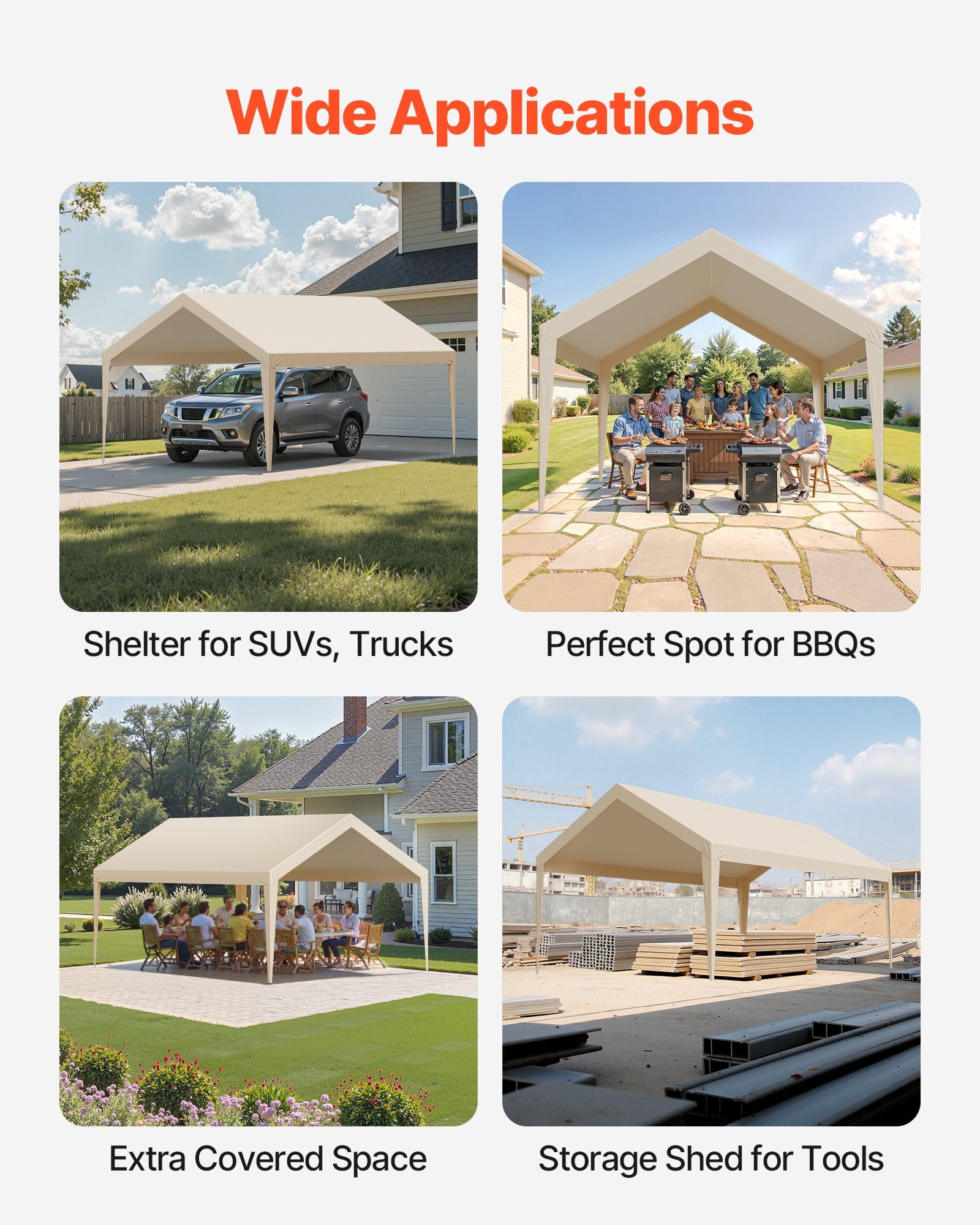 Canopies & Gazebos: VEVOR Carport Replacement Canopy, 6 x 3.6 m Potable Garage Tent Top Tarp, UV-Resistant & Waterproof Car Shelter Tarp, Heavy Duty Car Port Cover with Ball Buggees, Beige, Frame Not Included