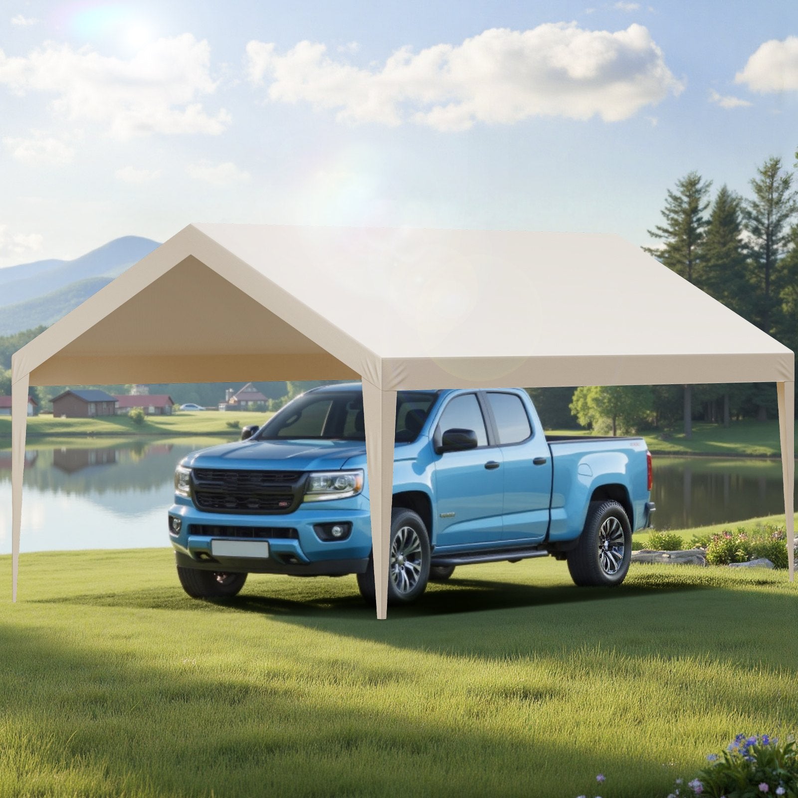 Canopies & Gazebos: VEVOR Carport Replacement Canopy, 6 x 3.6 m Potable Garage Tent Top Tarp, UV-Resistant & Waterproof Car Shelter Tarp, Heavy Duty Car Port Cover with Ball Buggees, Beige, Frame Not Included