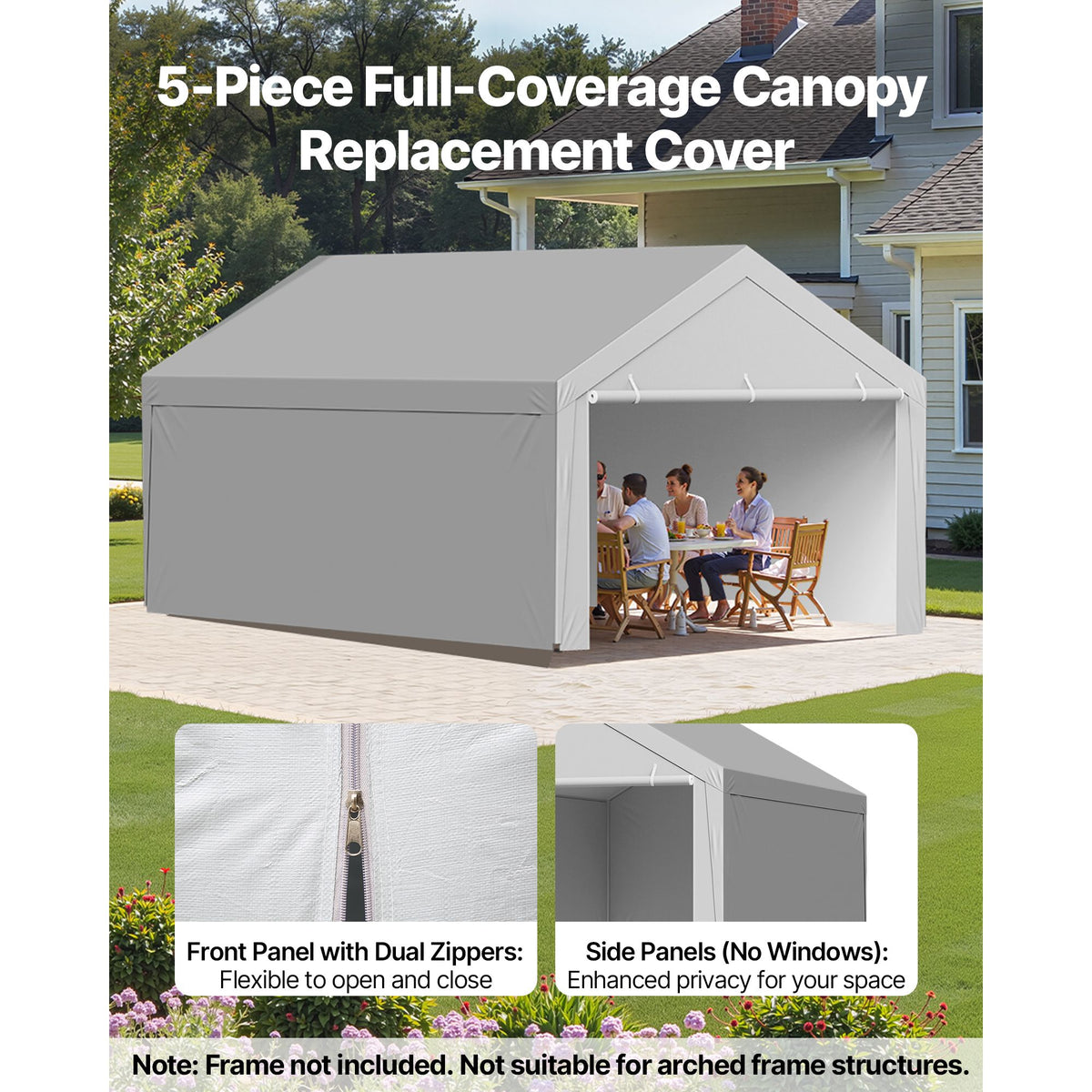 Carport Replacement Canopy, 6 x 4 m Potable Garage Tent Top Tarp with Sidewalls, UV-Resistant & Waterproof, Heavy Duty Car Shelter Tarp with Ball Buggees, Grey, Frame Not Included