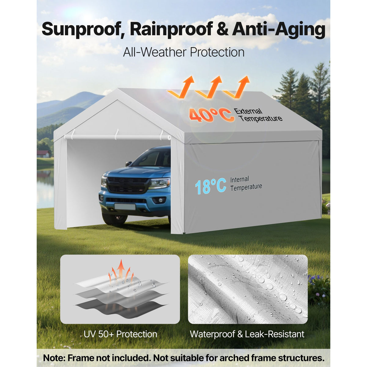 Carport Replacement Canopy, 6 x 4 m Potable Garage Tent Top Tarp with Sidewalls, UV-Resistant & Waterproof, Heavy Duty Car Shelter Tarp with Ball Buggees, Grey, Frame Not Included