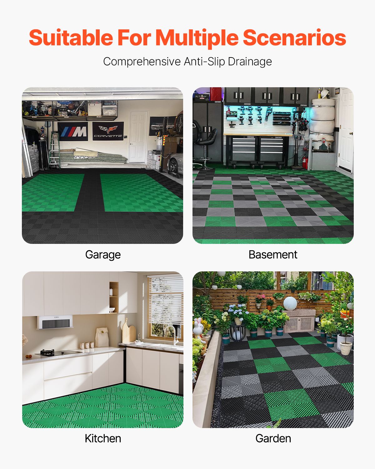 Interlocking Drainage Mat, 50 Pcs Modular Interlocking Cushion, 31 x 31 cm Splicing Drainage Mats, Non-Slip Green PP Drainage Floor Tile and Shower Mat, for Garage, Garden, Kitchen & Outdoor