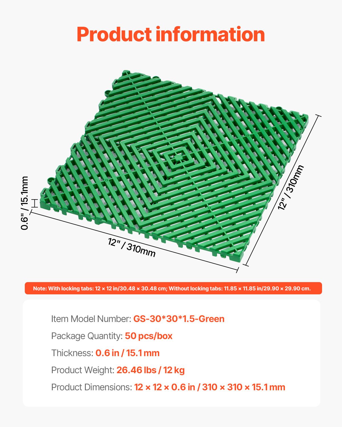 Interlocking Drainage Mat, 50 Pcs Modular Interlocking Cushion, 31 x 31 cm Splicing Drainage Mats, Non-Slip Green PP Drainage Floor Tile and Shower Mat, for Garage, Garden, Kitchen & Outdoor