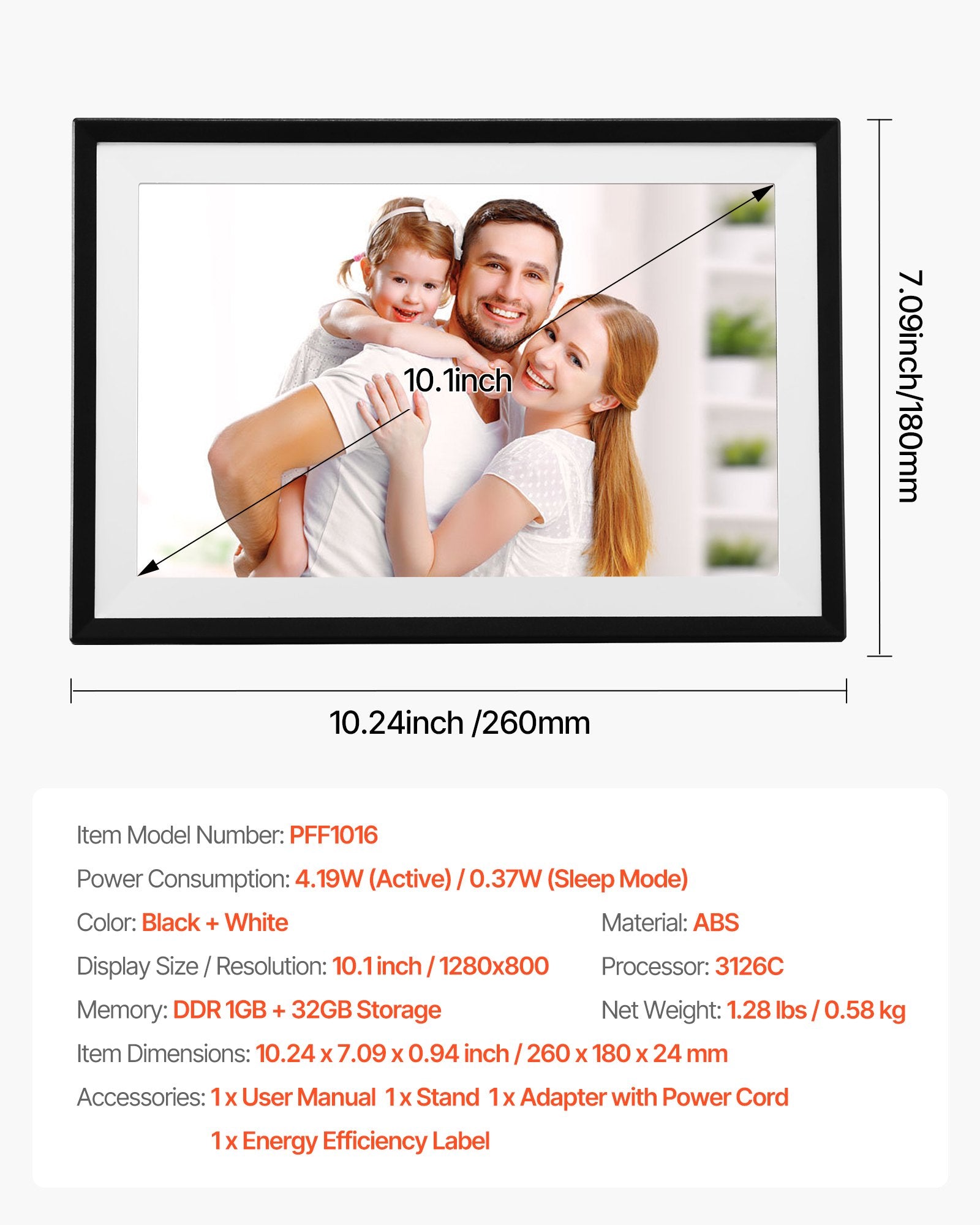 260 mm Digital Picture Frame 32GB IPS Touchscreen Wi-Fi Photo Frame