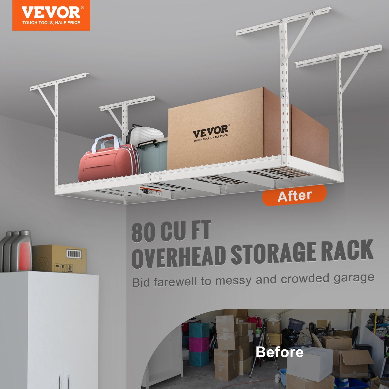 Wall Storage Racks: VEVOR Overhead Garage Storage Rack, 91.44x243.84cm Garage Ceiling Storage Racks, Heavy Duty Adjustable Cold Rolled Steel Racks for Garage Storage, Organization, 272.16kg Load Capacity, 22''-40", White