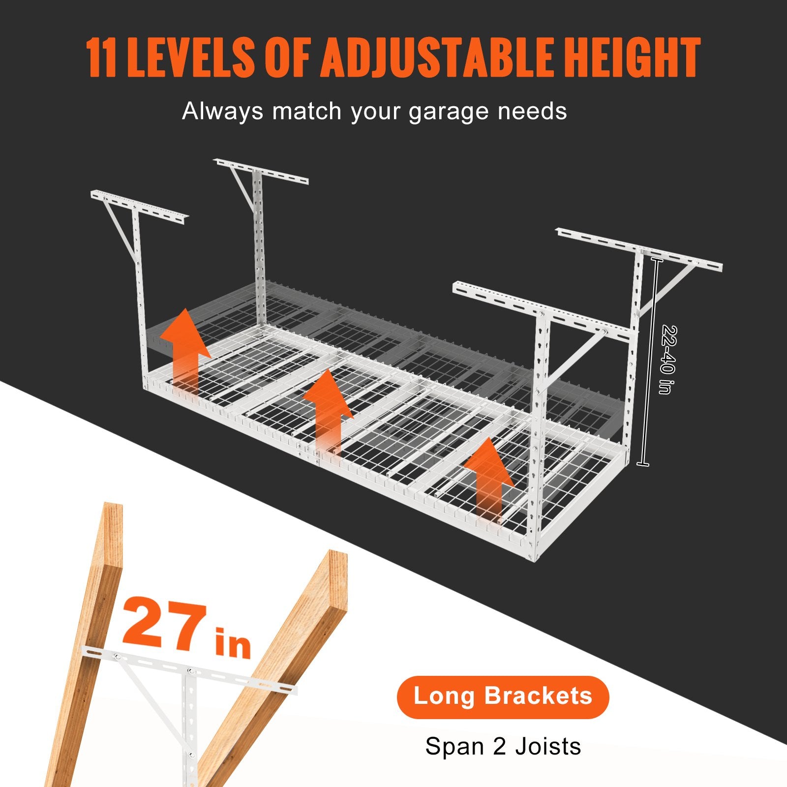 Wall Storage Racks: VEVOR Overhead Garage Storage Rack, 91.44x243.84cm Garage Ceiling Storage Racks, Heavy Duty Adjustable Cold Rolled Steel Racks for Garage Storage, Organization, 272.16kg Load Capacity, 22''-40", White