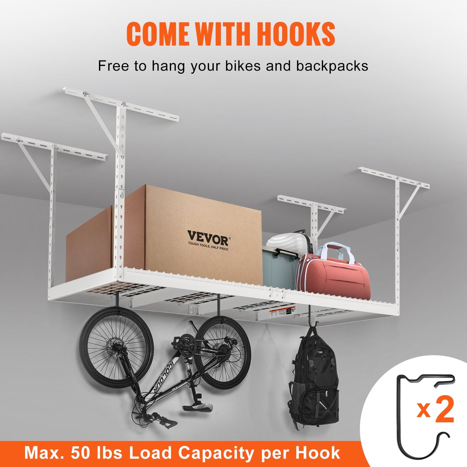 Wall Storage Racks: VEVOR Overhead Garage Storage Rack, 91.44x243.84cm Garage Ceiling Storage Racks, Heavy Duty Adjustable Cold Rolled Steel Racks for Garage Storage, Organization, 272.16kg Load Capacity, 22''-40", White