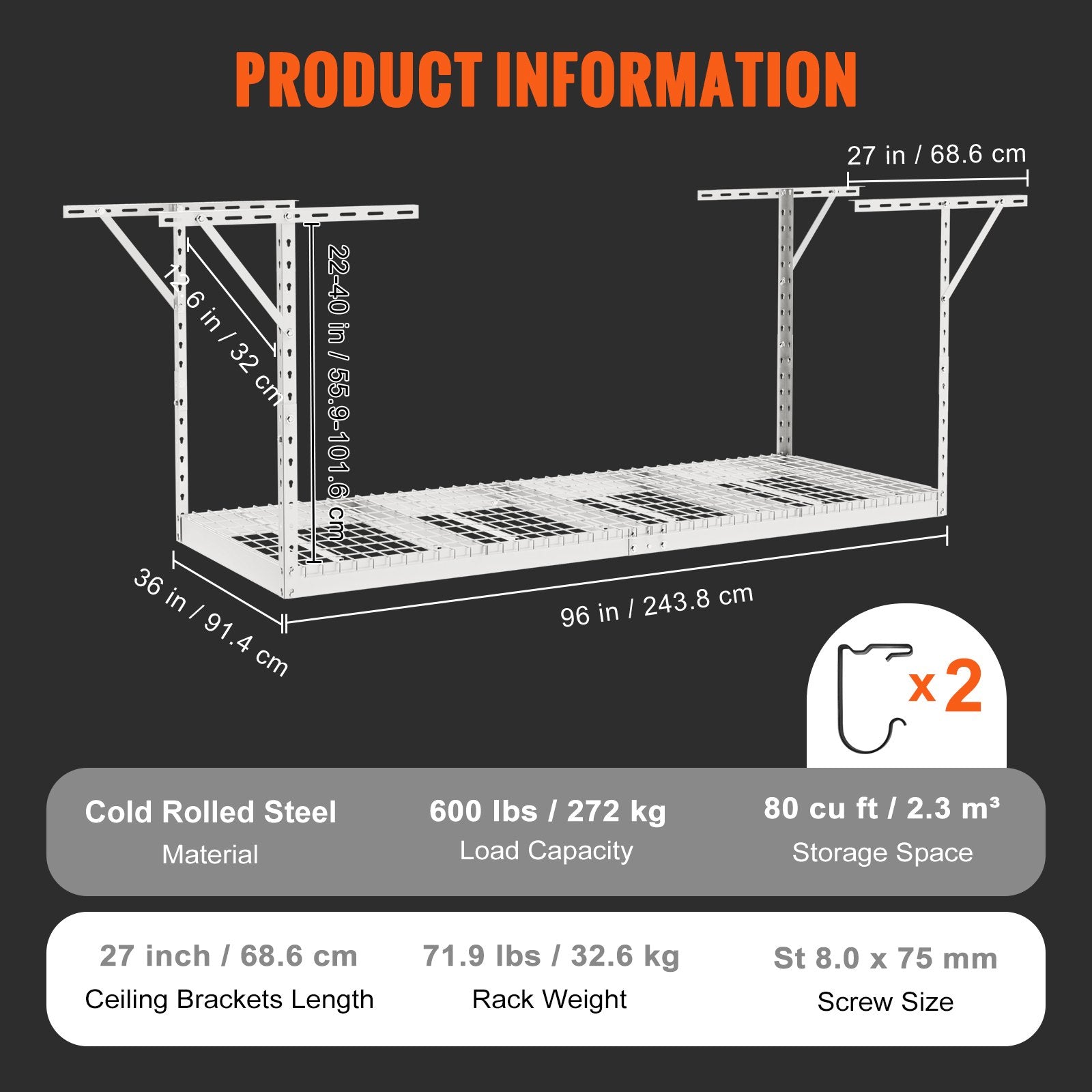 Wall Storage Racks: VEVOR Overhead Garage Storage Rack, 91.44x243.84cm Garage Ceiling Storage Racks, Heavy Duty Adjustable Cold Rolled Steel Racks for Garage Storage, Organization, 272.16kg Load Capacity, 22''-40", White