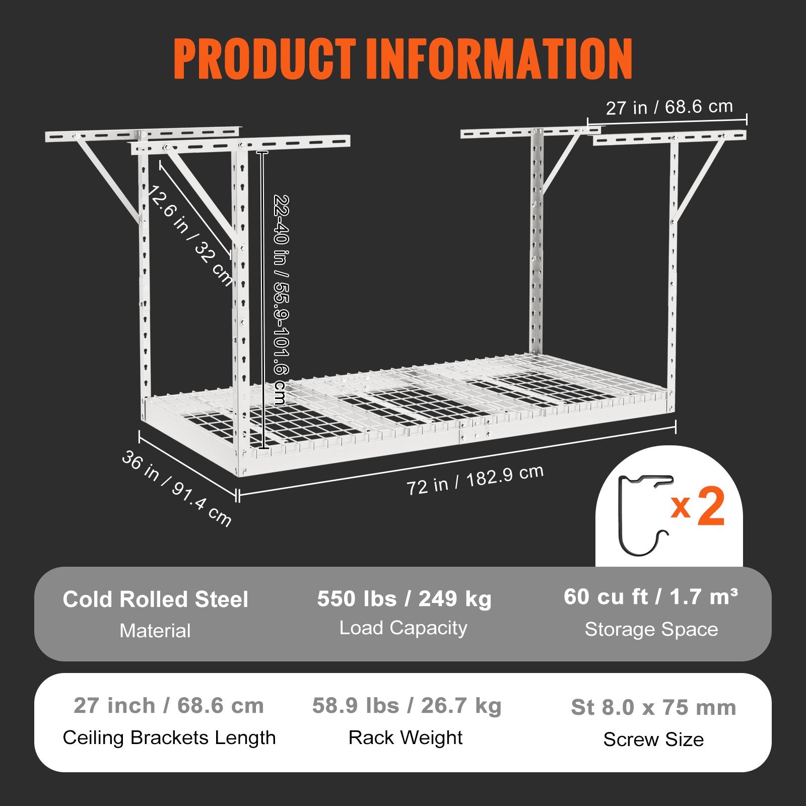 Cross Bar: VEVOR Overhead Adjustable Garage Storage Rack 36x72in Ceiling Rack 550lbs White