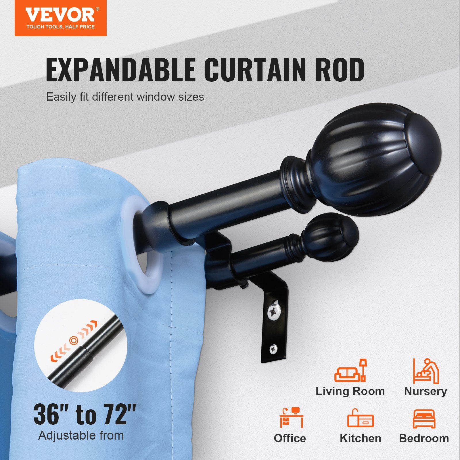 Curtains & Drapes: VEVOR Double Rod Curtain Rods, 36-72 inches(3-6ft) Adjustable Length, Black Double Curtain Rods with Round Finials, 1" and 3/4" Diameter, Double Window Drapery Rod for Sheer and Blackout Curtains