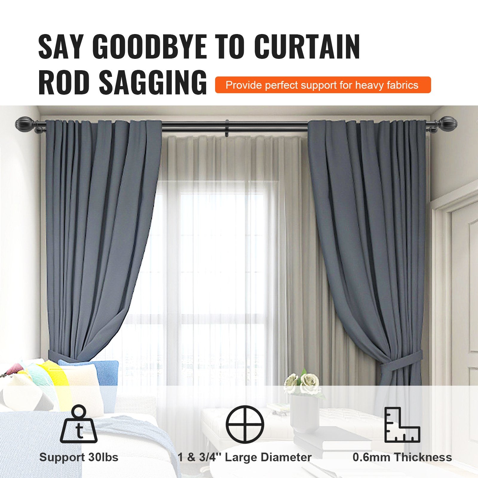 Curtains & Drapes: VEVOR Double Rod Curtain Rods, 36-72 inches(3-6ft) Adjustable Length, Black Double Curtain Rods with Round Finials, 1" and 3/4" Diameter, Double Window Drapery Rod for Sheer and Blackout Curtains