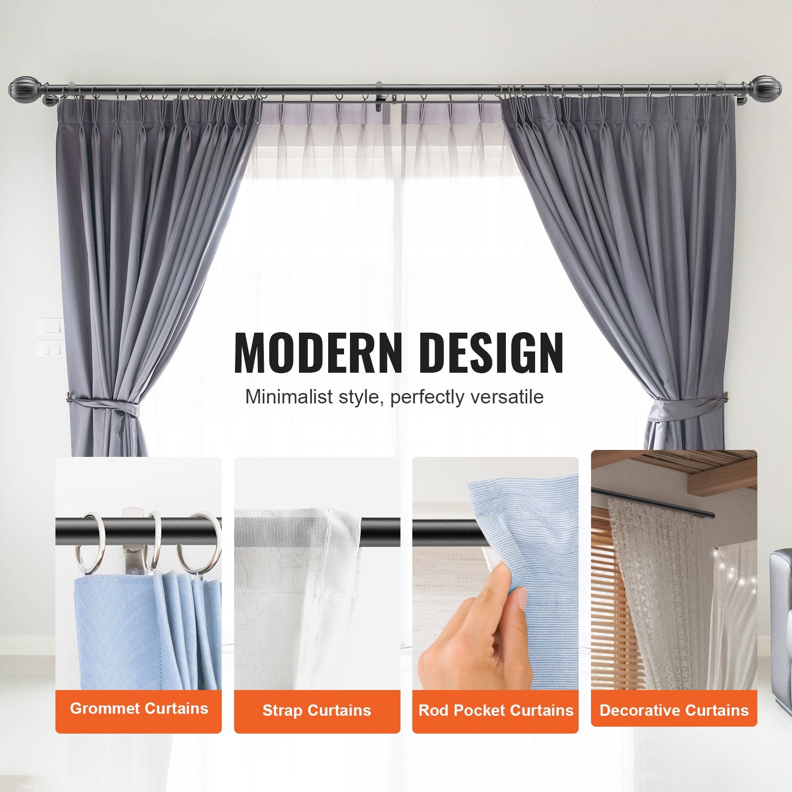 Curtains & Drapes: VEVOR Double Rod Curtain Rods, 36-72 inches(3-6ft) Adjustable Length, Black Double Curtain Rods with Round Finials, 1" and 3/4" Diameter, Double Window Drapery Rod for Sheer and Blackout Curtains