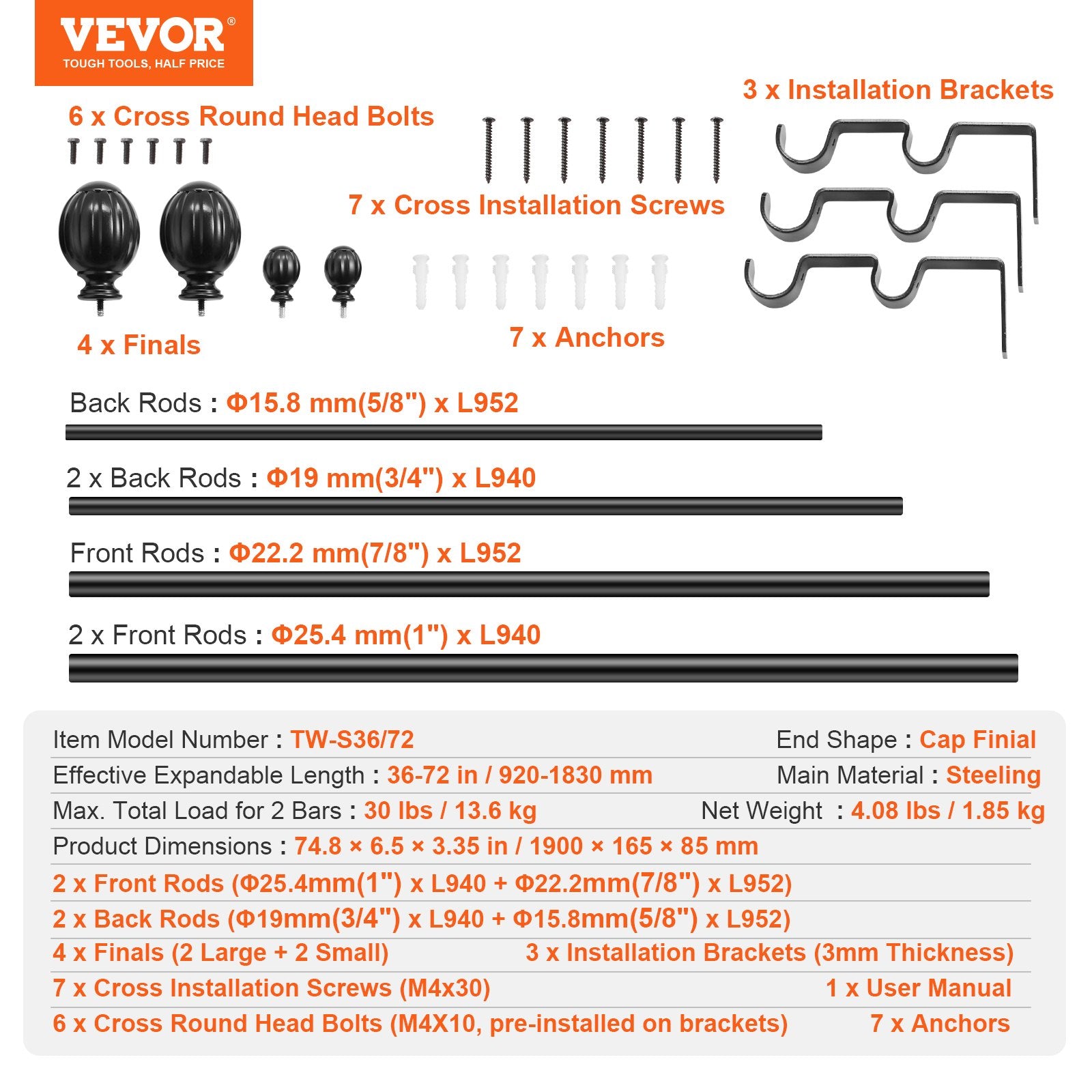 Curtains & Drapes: VEVOR Double Rod Curtain Rods, 36-72 inches(3-6ft) Adjustable Length, Black Double Curtain Rods with Round Finials, 1" and 3/4" Diameter, Double Window Drapery Rod for Sheer and Blackout Curtains