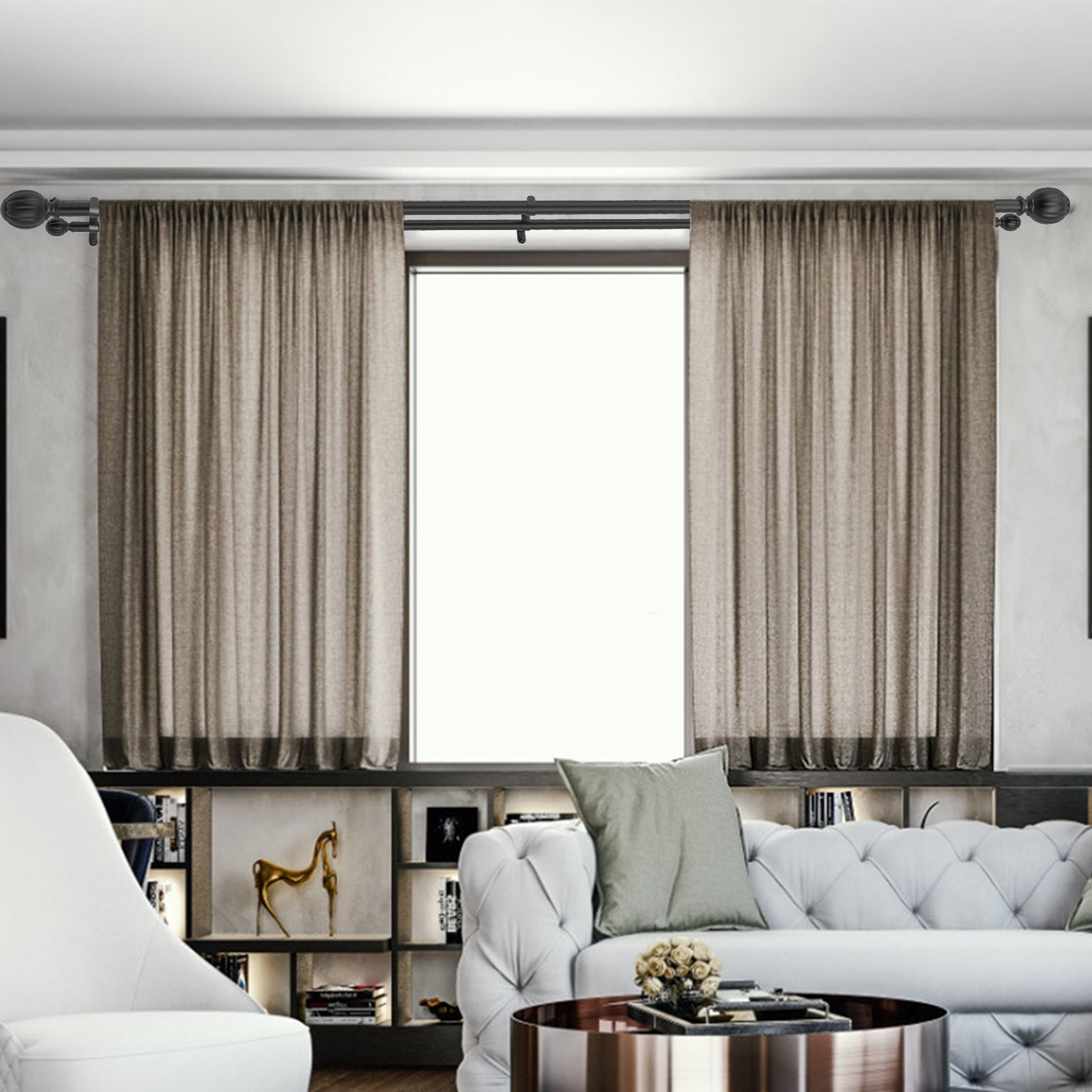 Curtains & Drapes: VEVOR Double Rod Curtain Rods, 36-72 inches(3-6ft) Adjustable Length, Black Double Curtain Rods with Round Finials, 1" and 3/4" Diameter, Double Window Drapery Rod for Sheer and Blackout Curtains
