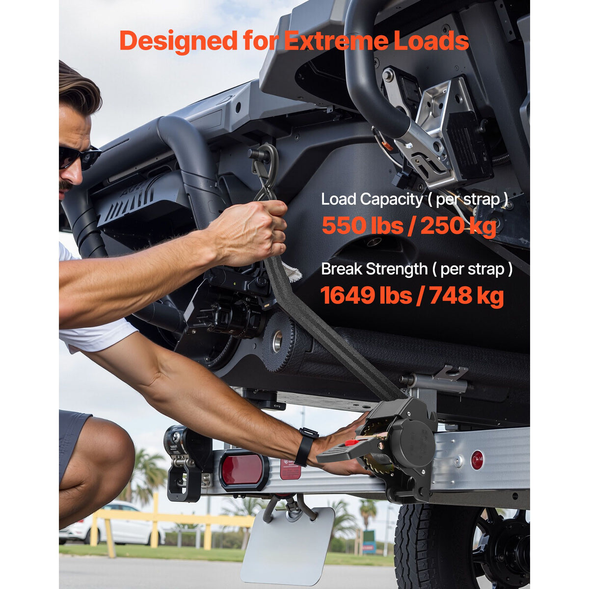 Wheel Chock Tie-Down Kit, Fixed Trailer Tie Down Strap, Car Tie Down Kit with S-Hook, Break Strength 748 kg & Working Load 250 kg Motorcycle Tie-Down System for Trailers, Boats, Snowmobiles