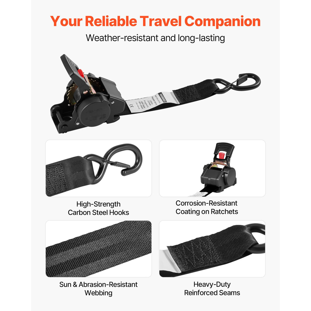 Wheel Chock Tie-Down Kit, Fixed Trailer Tie Down Strap, Car Tie Down Kit with S-Hook, Break Strength 748 kg & Working Load 250 kg Motorcycle Tie-Down System for Trailers, Boats, Snowmobiles