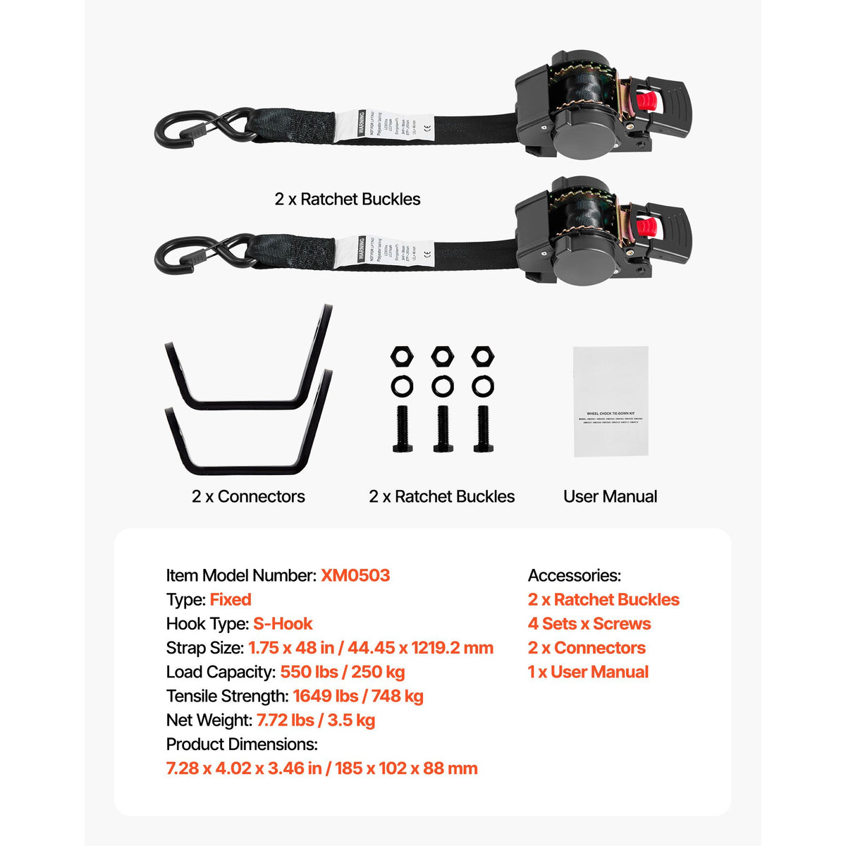 Wheel Chock Tie-Down Kit, Fixed Trailer Tie Down Strap, Car Tie Down Kit with S-Hook, Break Strength 748 kg & Working Load 250 kg Motorcycle Tie-Down System for Trailers, Boats, Snowmobiles