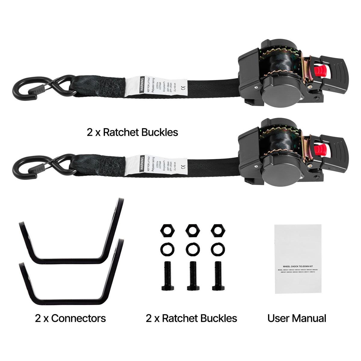 Wheel Chock Tie-Down Kit, Fixed Trailer Tie Down Strap, Car Tie Down Kit with S-Hook, Break Strength 748 kg & Working Load 250 kg Motorcycle Tie-Down System for Trailers, Boats, Snowmobiles