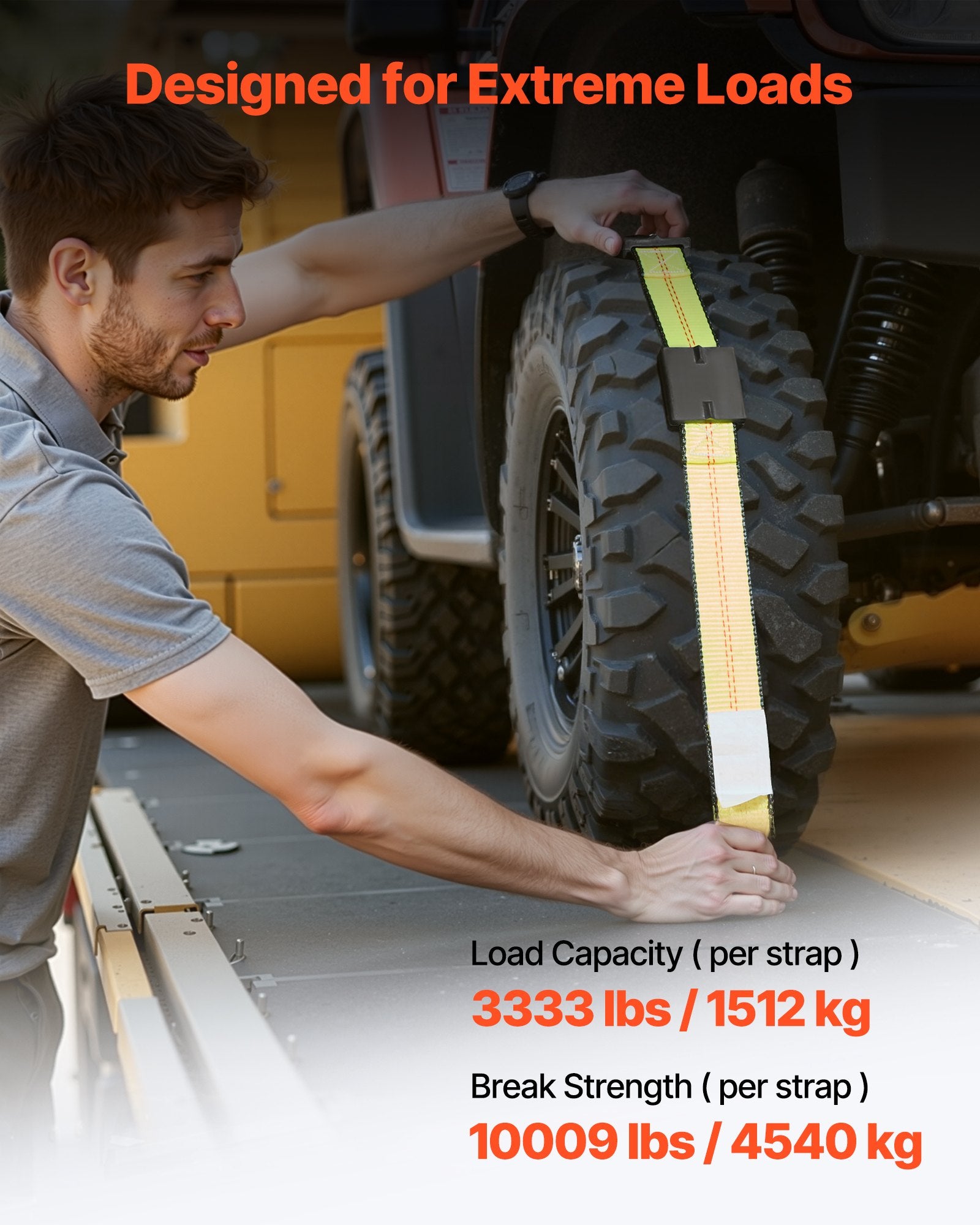 Restraints: VEVOR Wheel Chock Tie-Down Kit, Deck-Style Trailer Tie Down Strap, Car Tie Down Kit with J-Hook, Break Strength 4540 kg & Working Load 1512 kg Motorcycle Tie-Down System for SUVs, Trailers, Trucks
