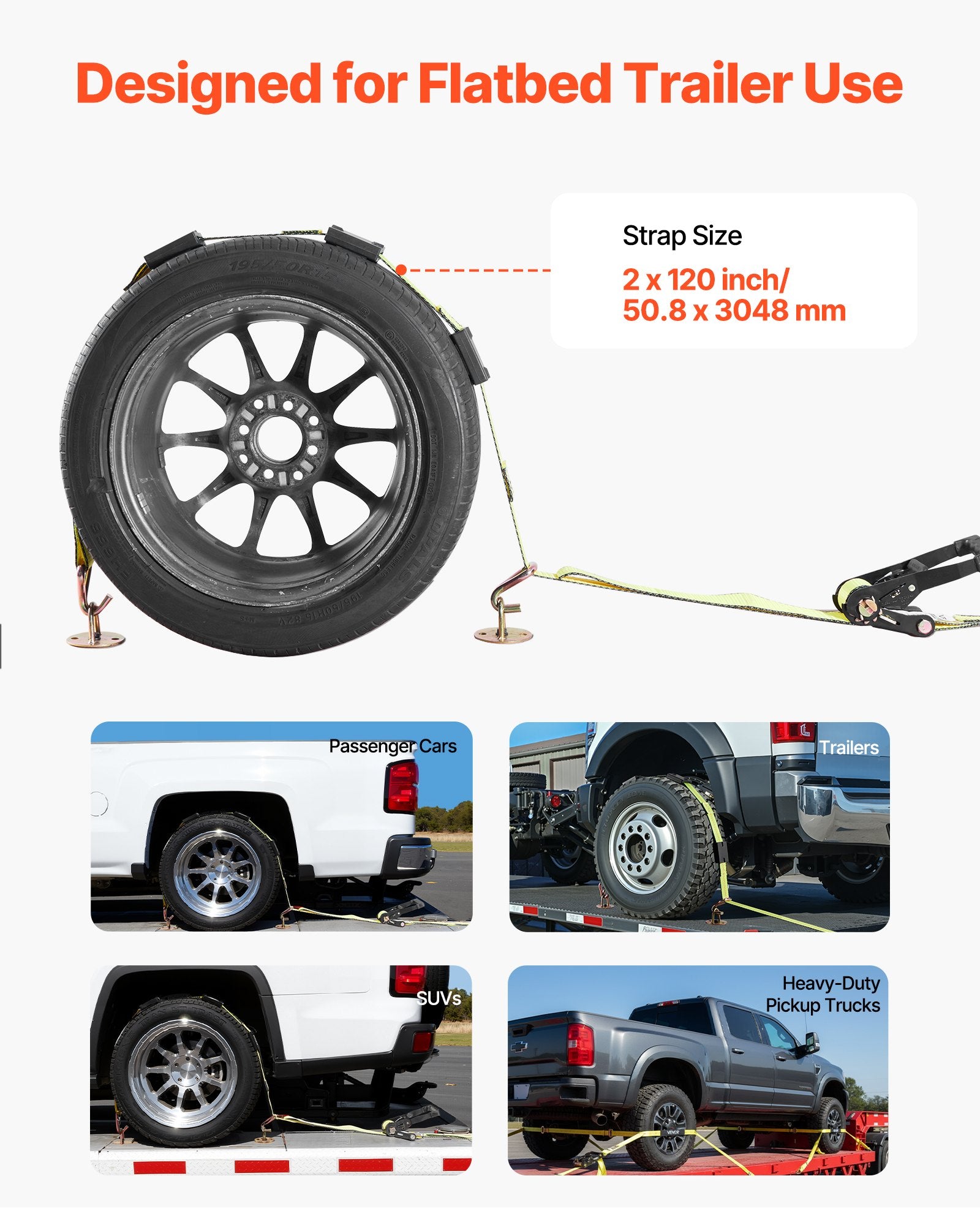 Restraints: VEVOR Wheel Chock Tie-Down Kit, Deck-Style Trailer Tie Down Strap, Car Tie Down Kit with J-Hook, Break Strength 4540 kg & Working Load 1512 kg Motorcycle Tie-Down System for SUVs, Trailers, Trucks