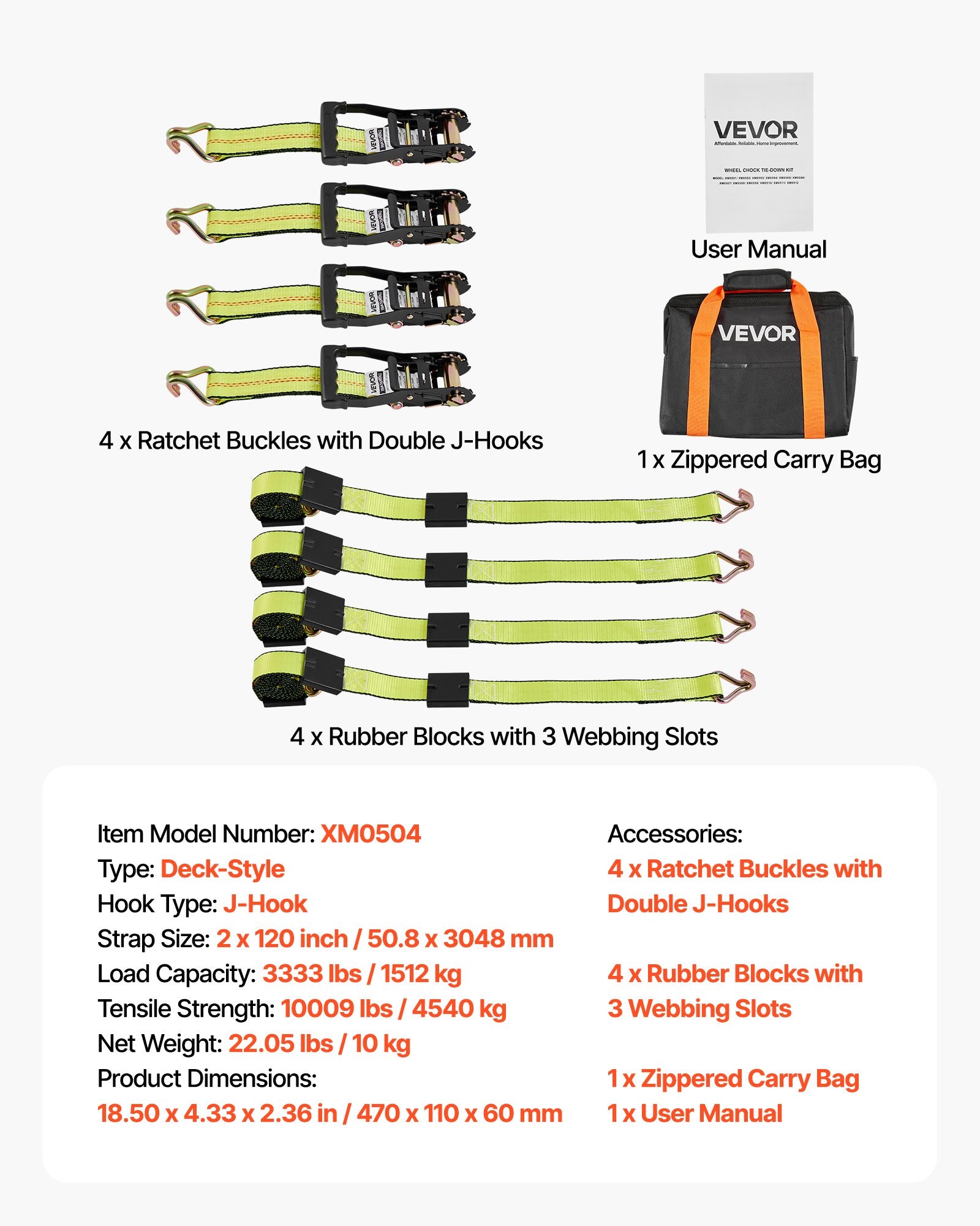Restraints: VEVOR Wheel Chock Tie-Down Kit, Deck-Style Trailer Tie Down Strap, Car Tie Down Kit with J-Hook, Break Strength 4540 kg & Working Load 1512 kg Motorcycle Tie-Down System for SUVs, Trailers, Trucks
