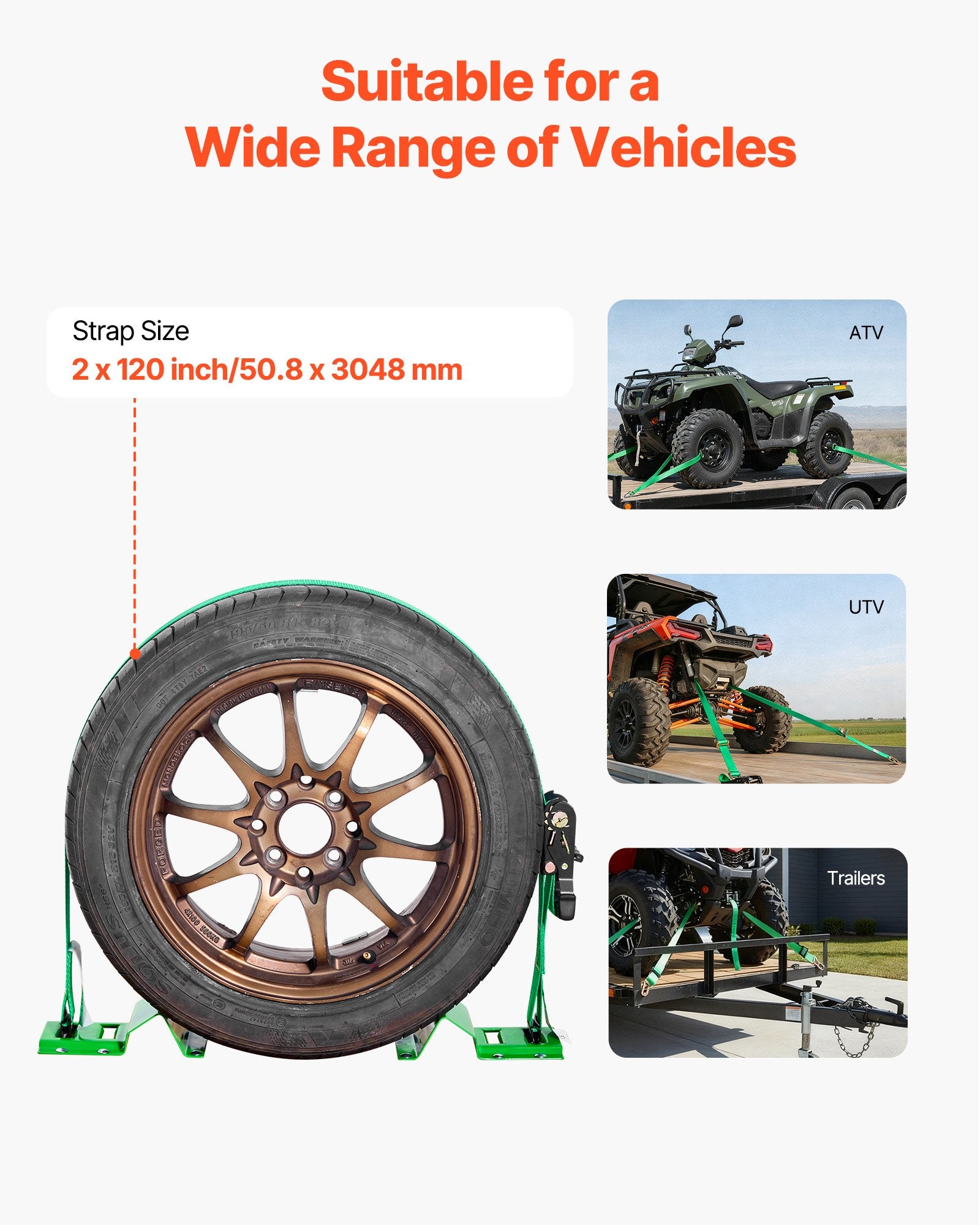 Restraints: VEVOR Wheel Chock Tie-Down Kit, Chock-Style Trailer Tie Down Strap, Car Tie Down Kit with Buckle, Break Strength 1986.73 kg & Working Load 662 kg Motorcycle Tie-Down System for ATVs, UTVs & Trailers