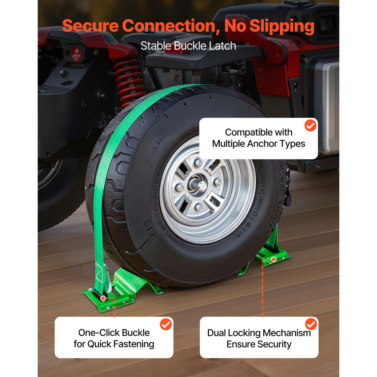 Wheel Chock Tie-Down Kit, Chock-Style Trailer Tie Down Strap, Car Tie Down Kit with Buckle, Break Strength 1986.73 kg & Working Load 662 kg Motorcycle Tie-Down System E-Hooks for ATVs, UTVs