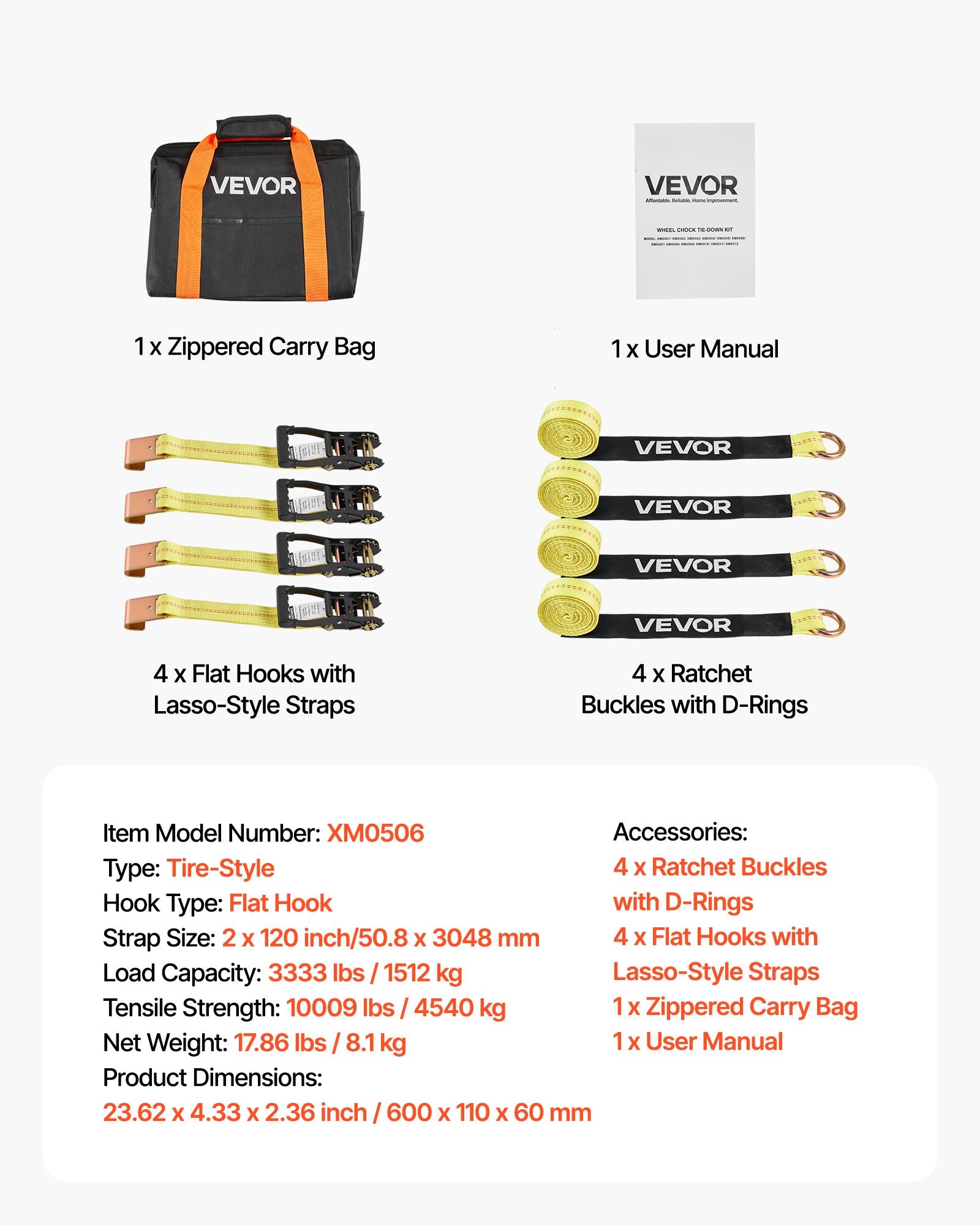 Wheel Chock Tie-Down Kit, Tire-Style Motorcycle Tie-Down System, Car Tie Down Kit with Flat Hook, Break Strength 4540 kg & Working Load 1512 kg Trailer Tie Down Strap for ATVs, SUVs, Trailers
