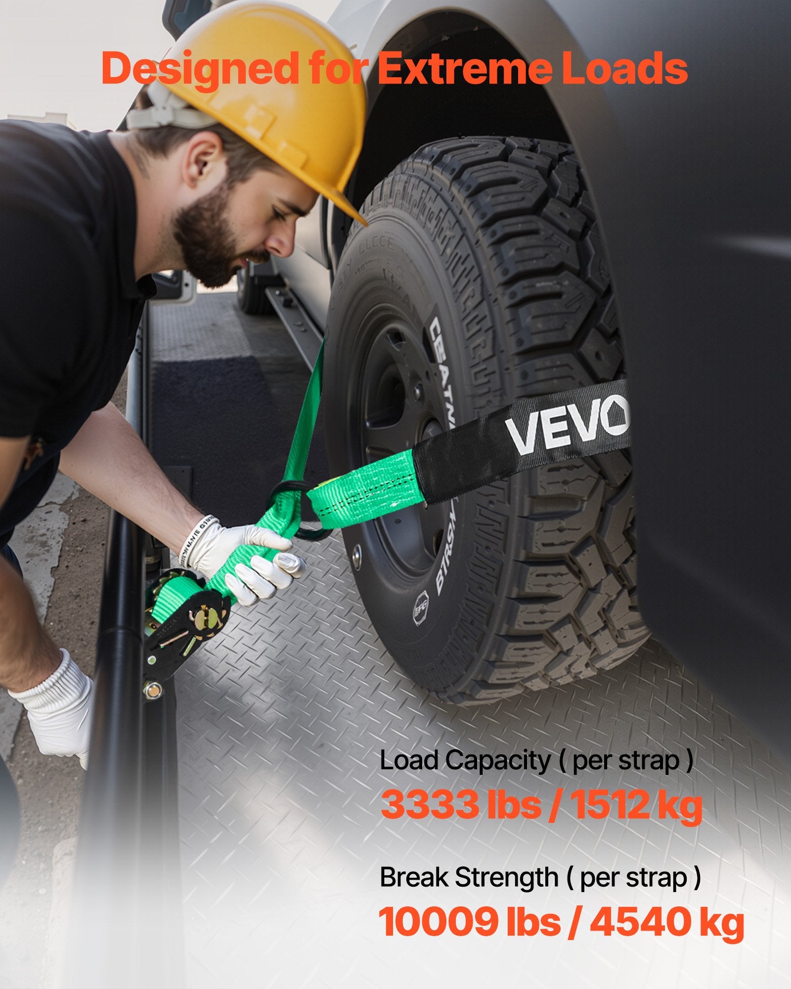 Restraints: VEVOR Wheel Chock Tie-Down Kit, Tire-Style Tow Dolly Strap, Car Tie Down Kit with Heavy-Duty Hook, Break Strength 4540 kg & Working Load 1512 kg Motorcycle Tie-Down System with O-Ring for ATV, SUV
