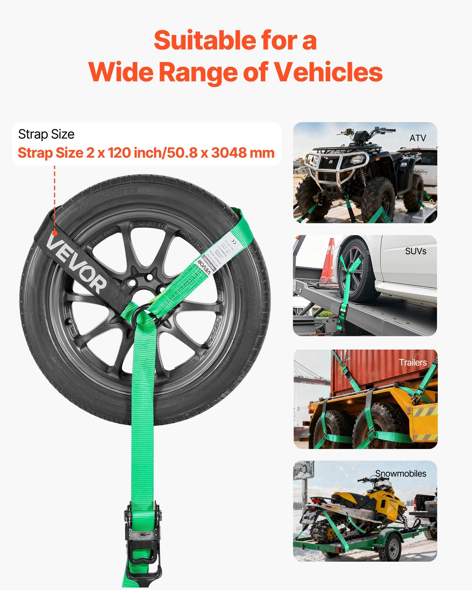 Restraints: VEVOR Wheel Chock Tie-Down Kit, Tire-Style Tow Dolly Strap, Car Tie Down Kit with Heavy-Duty Hook, Break Strength 4540 kg & Working Load 1512 kg Motorcycle Tie-Down System with O-Ring for ATV, SUV