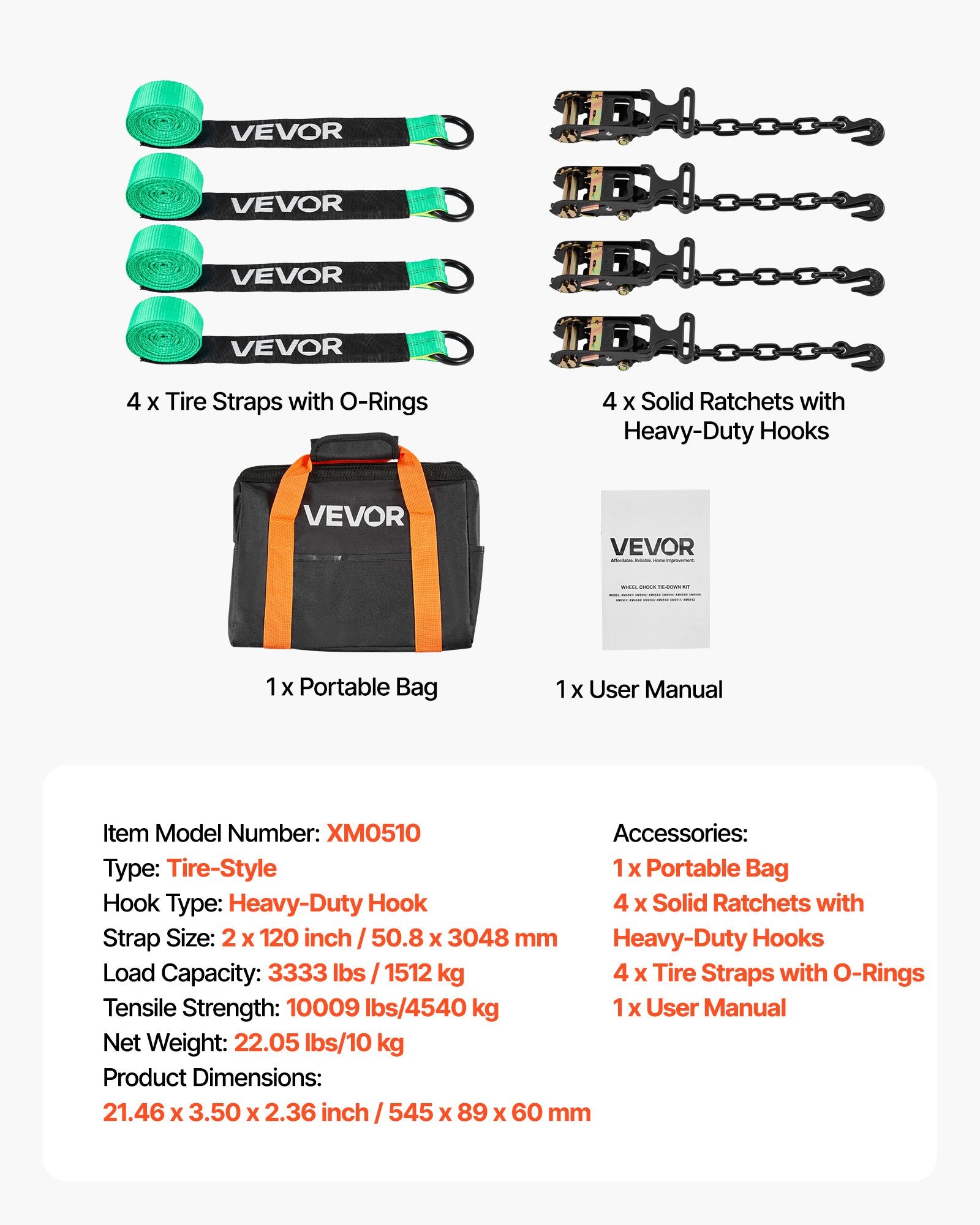 Restraints: VEVOR Wheel Chock Tie-Down Kit, Tire-Style Tow Dolly Strap, Car Tie Down Kit with Heavy-Duty Hook, Break Strength 4540 kg & Working Load 1512 kg Motorcycle Tie-Down System with O-Ring for ATV, SUV