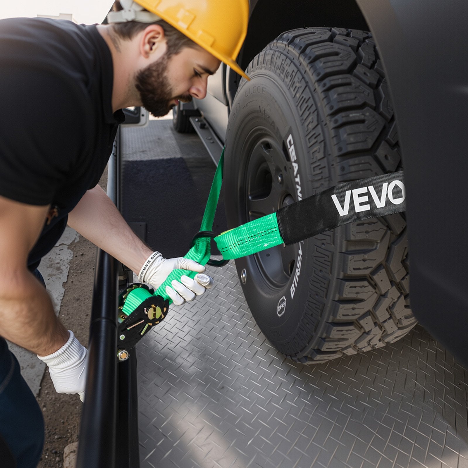 Restraints: VEVOR Wheel Chock Tie-Down Kit, Tire-Style Tow Dolly Strap, Car Tie Down Kit with Heavy-Duty Hook, Break Strength 4540 kg & Working Load 1512 kg Motorcycle Tie-Down System with O-Ring for ATV, SUV