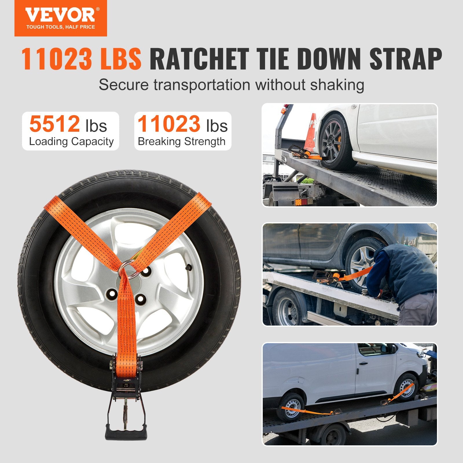 Automotive Repair & Speciality Tools: VEVOR Ratchet Tie Down Straps Kit, 5.08" x 304.8" Tire Straps, 2500kgs Working Load, 11023 LBS Breaking Strength, Car Tie Down Straps with Snap Hooks for Passenger Car, Truck, Trailer, 4-Pack