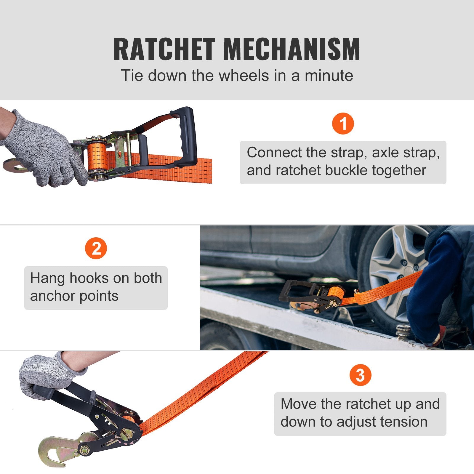 Automotive Repair & Speciality Tools: VEVOR Ratchet Tie Down Straps Kit, 5.08" x 304.8" Tire Straps, 2500kgs Working Load, 11023 LBS Breaking Strength, Car Tie Down Straps with Snap Hooks for Passenger Car, Truck, Trailer, 4-Pack