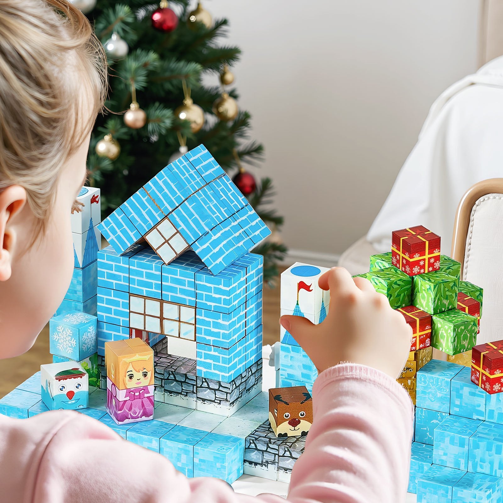 Magnetic Blocks, 150 PCS Glacier Castle Set, Magnetic Building Cubes for Kids, STEM Montessori Sensory Toys for Christmas Birthday Gift, Construction Stacking Toy for 3+ Years Old Boys & Girls