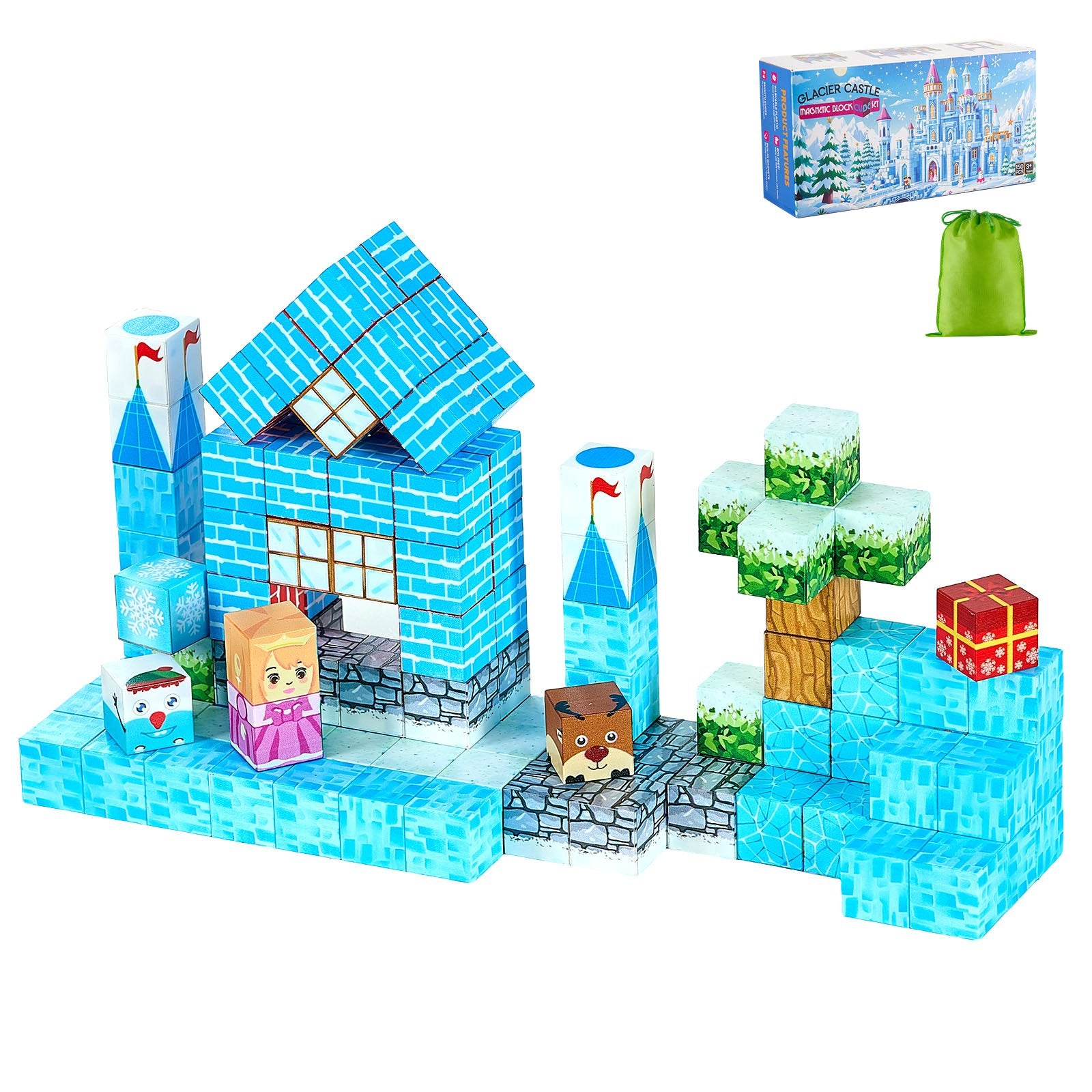 Magnetic Blocks, 150 PCS Glacier Castle Set, Magnetic Building Cubes for Kids, STEM Montessori Sensory Toys for Christmas Birthday Gift, Construction Stacking Toy for 3+ Years Old Boys & Girls