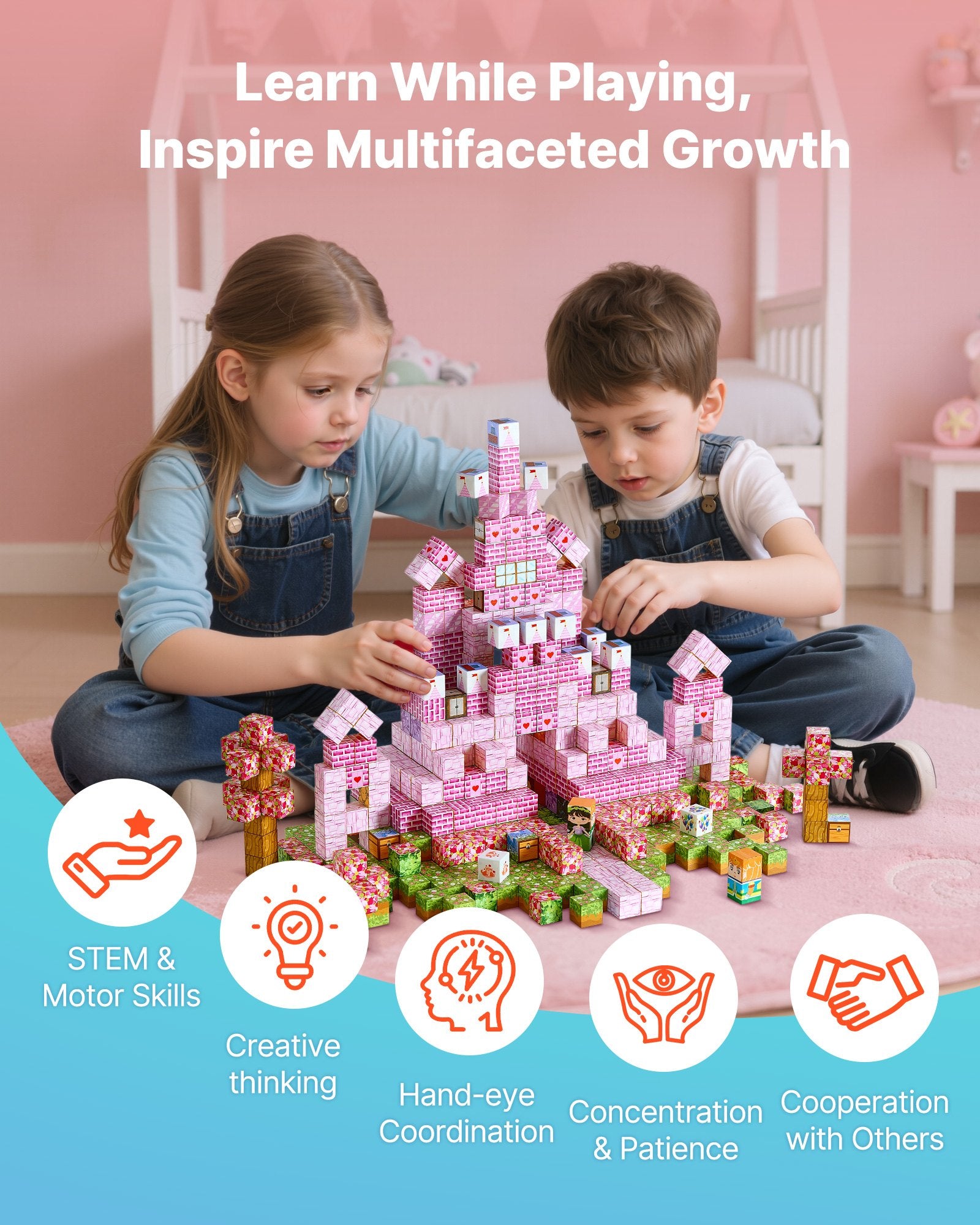 Magnetic Blocks, 100 PCS Princess Castle Set, Magnetic Building Cubes for Kids, STEM Montessori Sensory Toys for Christmas Birthday Gift, Construction Stacking Toy for 3+ Years Old Boys & Girls