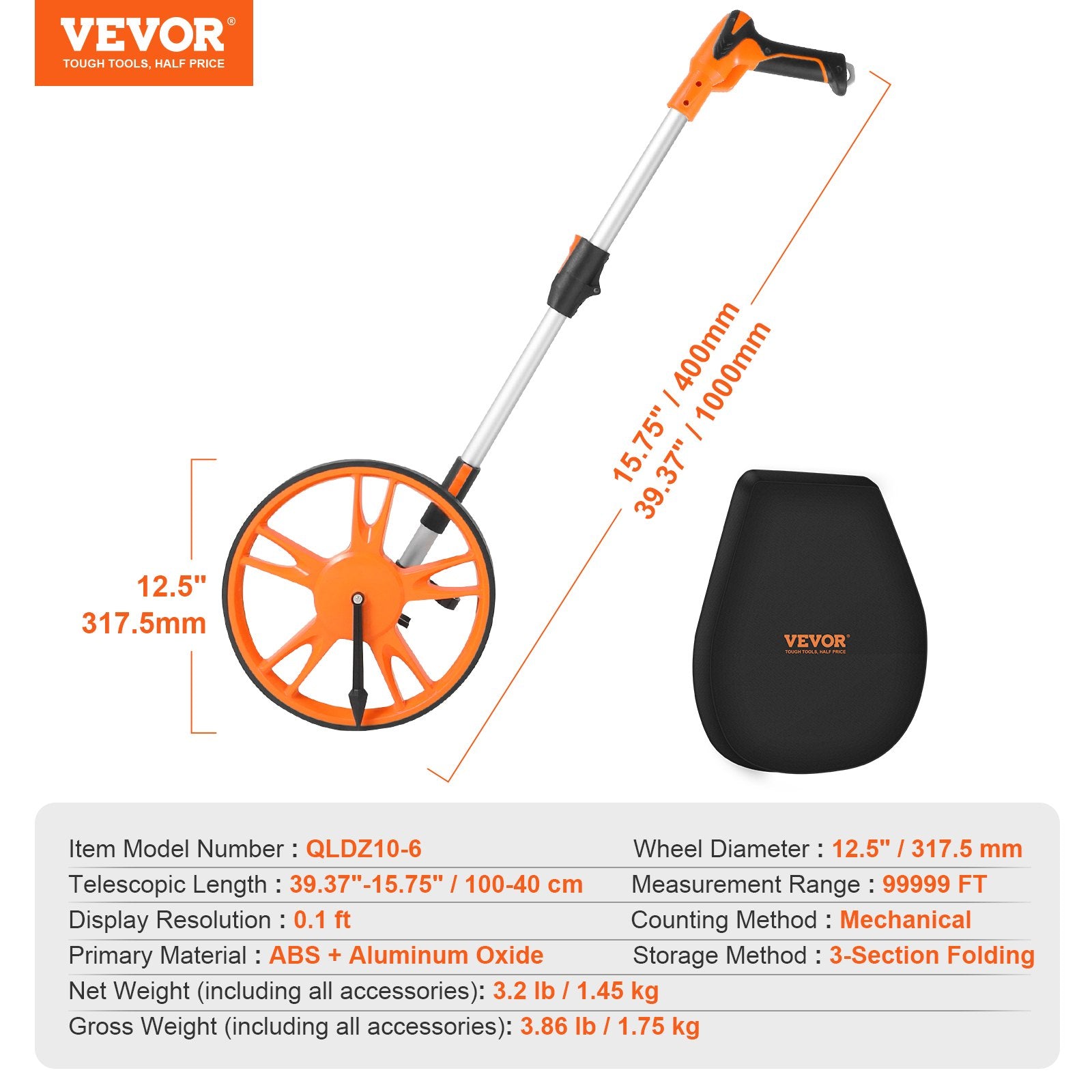 Automotive Repair & Speciality Tools: VEVOR Measuring Wheel 12.5” Road Runner Distance Telescoping Handle w/ Back Bag