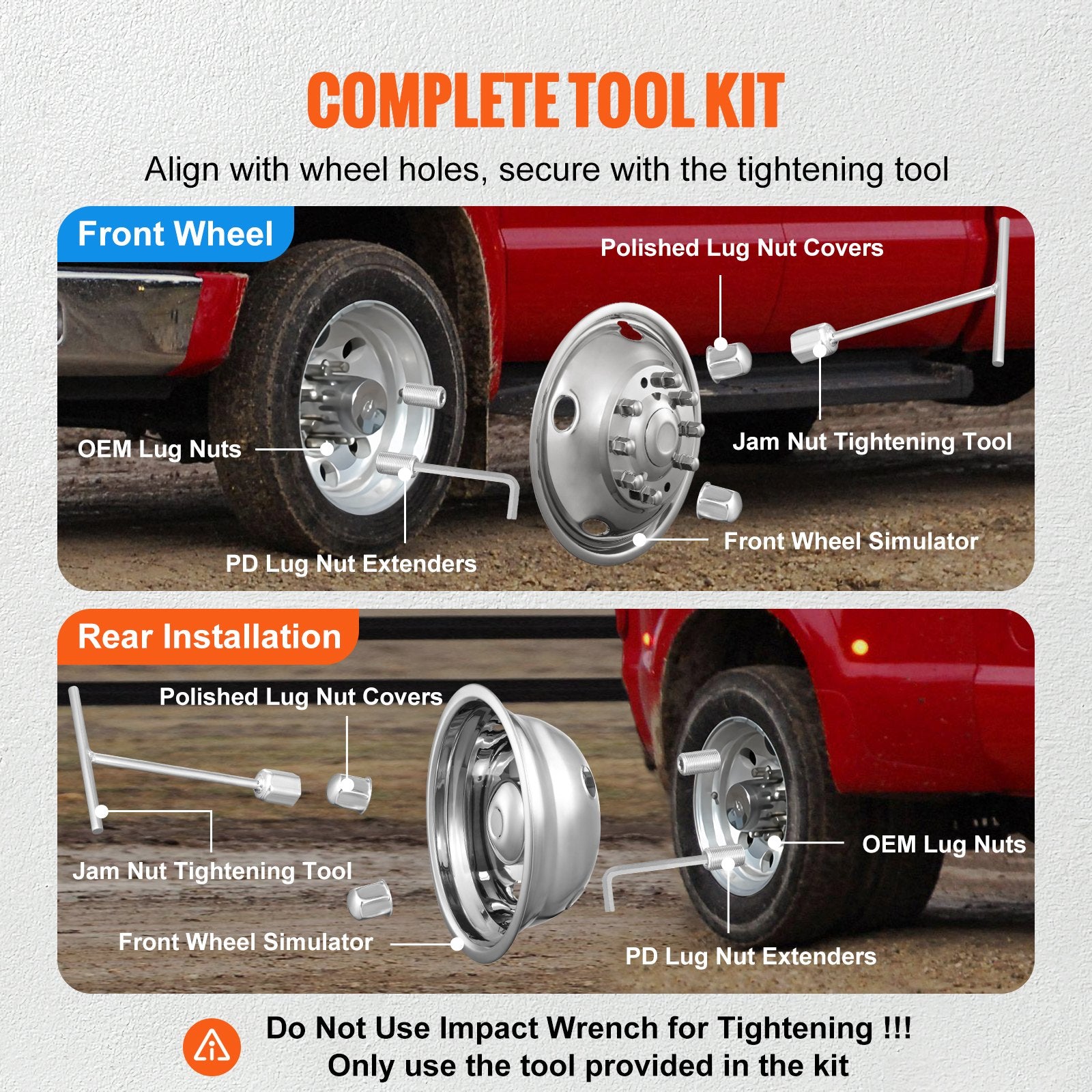 Automotive Repair & Speciality Tools: VEVOR 50cm 8 Lug Wheel Simulators, 304 Stainless Steel Wheel Simulator Kit with Mirror Polished Finish, 2 Front and 2 Rear Wheel Covers Fit for For Ford F450/F550 (2005-2020), 4 pcs