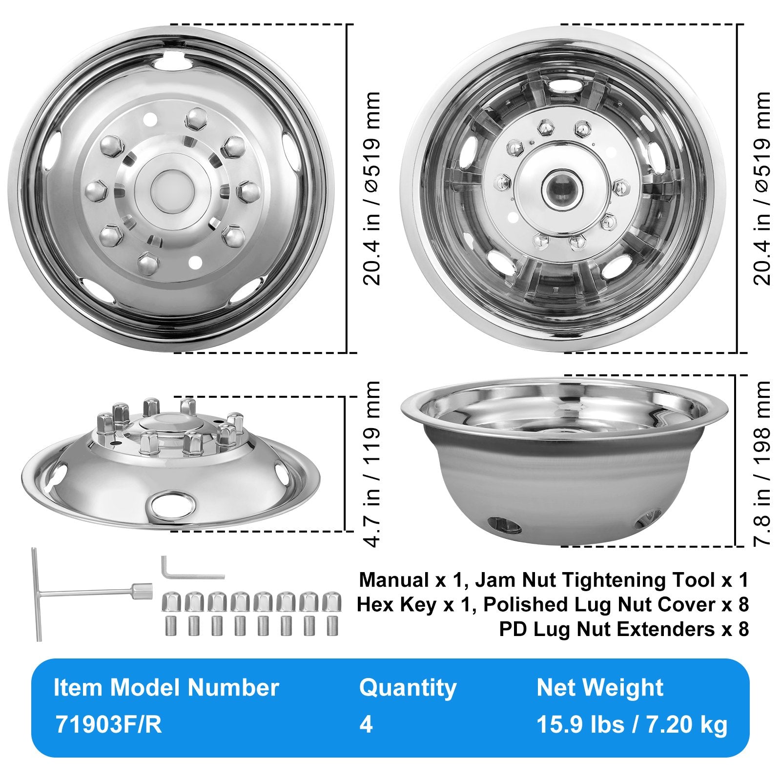 Automotive Repair & Speciality Tools: VEVOR 50cm 8 Lug Wheel Simulators, 304 Stainless Steel Wheel Simulator Kit with Mirror Polished Finish, 2 Front and 2 Rear Wheel Covers Fit for For Ford F450/F550 (2005-2020), 4 pcs