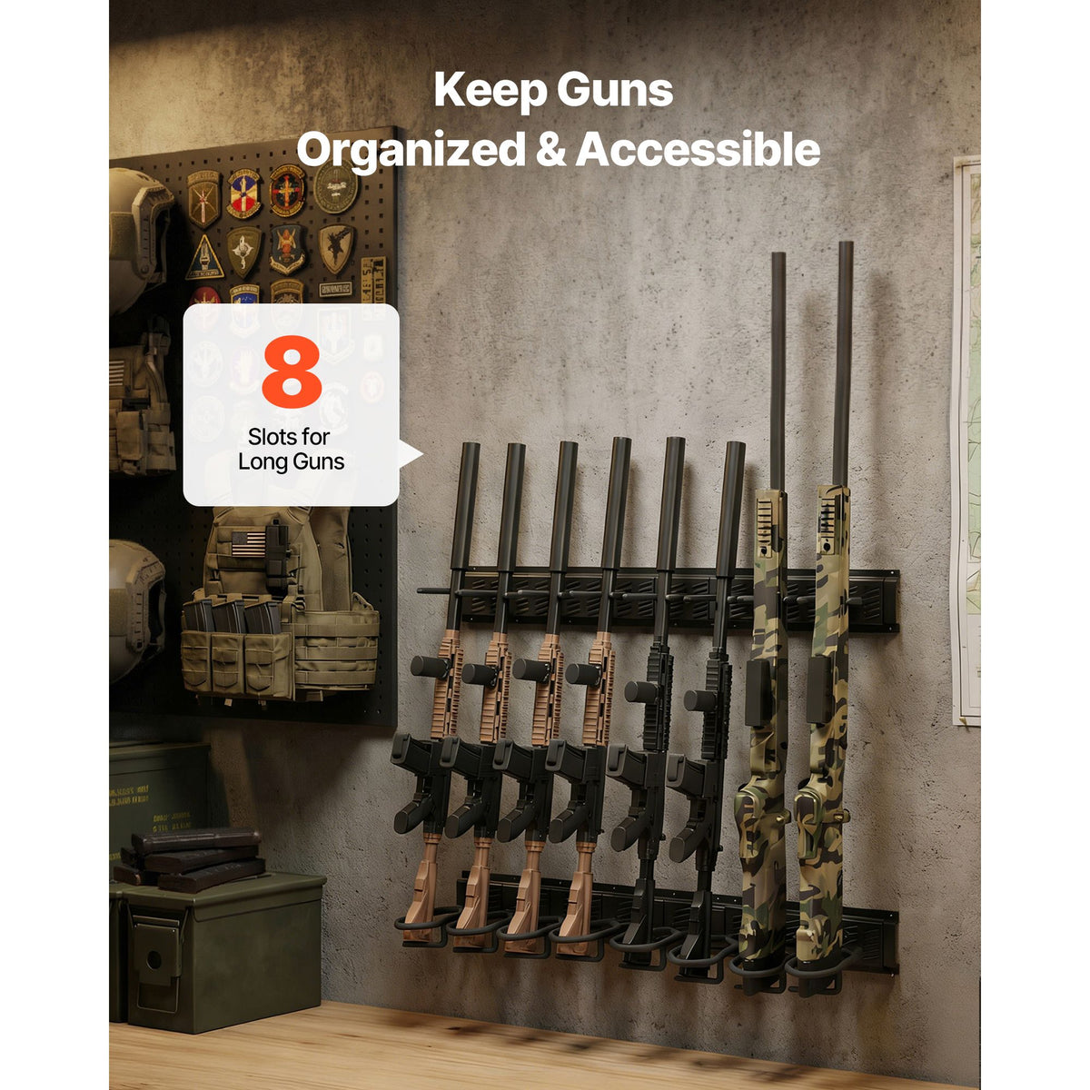 Indoor Gun Rack, Heavy Duty Steel, Wall Mount Rifle and Shotgun Rack, 8 Slots for Long Guns, Gun Display Rifle Storage Holder with Screws, for Home Garage Office Retail Shop Hunting Cabin Wall
