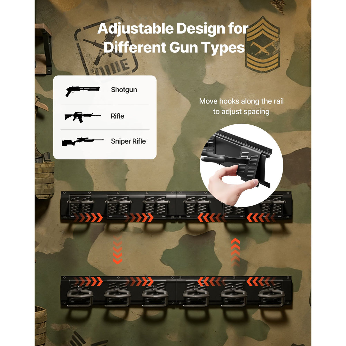 Indoor Gun Rack, Heavy Duty Steel, Wall Mount Rifle and Shotgun Rack, 8 Slots for Long Guns, Gun Display Rifle Storage Holder with Screws, for Home Garage Office Retail Shop Hunting Cabin Wall