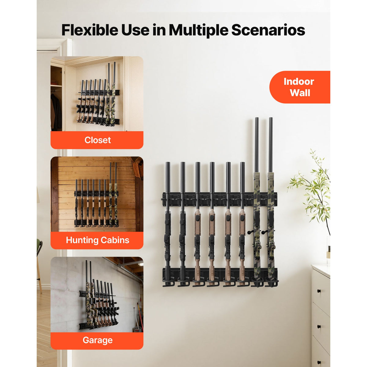 Indoor Gun Rack, Heavy Duty Steel, Wall Mount Rifle and Shotgun Rack, 8 Slots for Long Guns, Gun Display Rifle Storage Holder with Screws, for Home Garage Office Retail Shop Hunting Cabin Wall