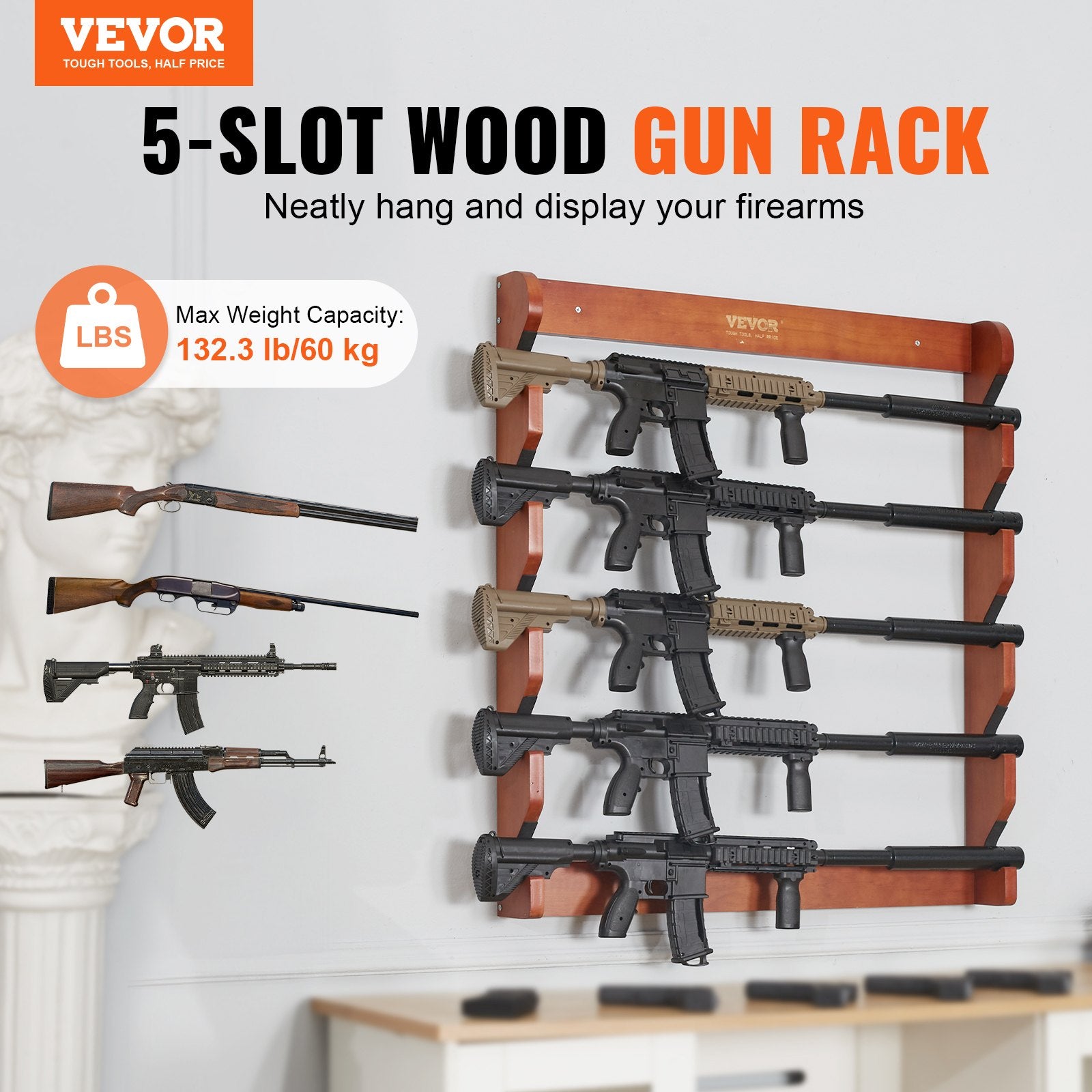 Wall Storage Racks: VEVOR Gun Rack, Wood Gun Rack Wall Mount, Gun Display Rack holds 5 Rifles, Shotguns, 132 lb Heavy Duty Wall Storage Display Rifle Rack with Soft Padding