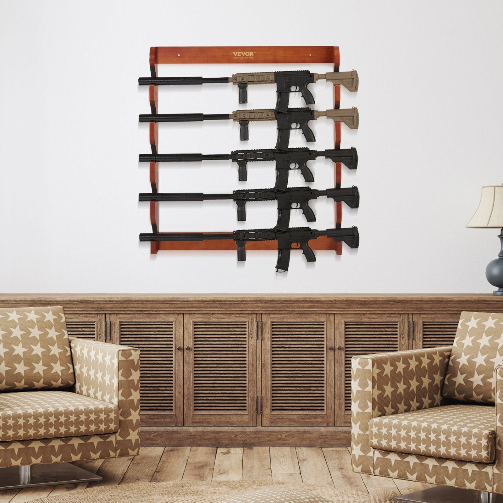 Wall Storage Racks: VEVOR Gun Rack, Wood Gun Rack Wall Mount, Gun Display Rack holds 5 Rifles, Shotguns, 132 lb Heavy Duty Wall Storage Display Rifle Rack with Soft Padding